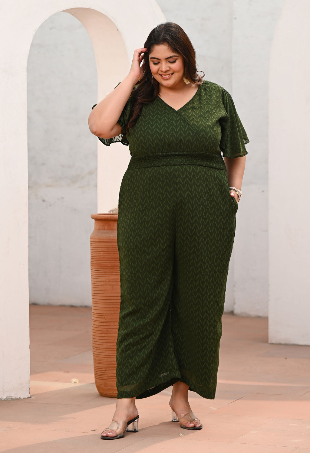 Plus Size Green Georgette Self Jumpsuit