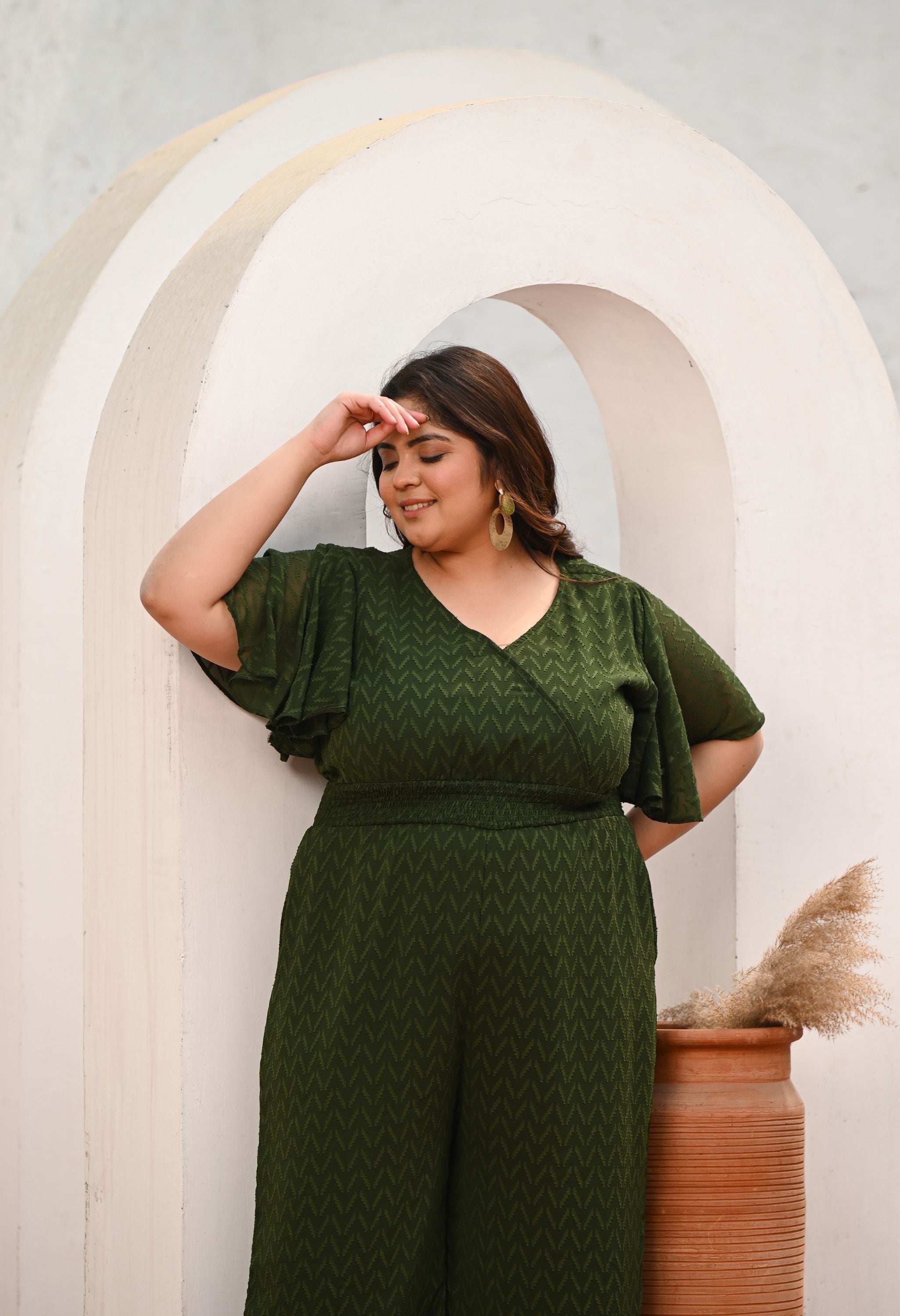 Plus Size Green Georgette Self Jumpsuit