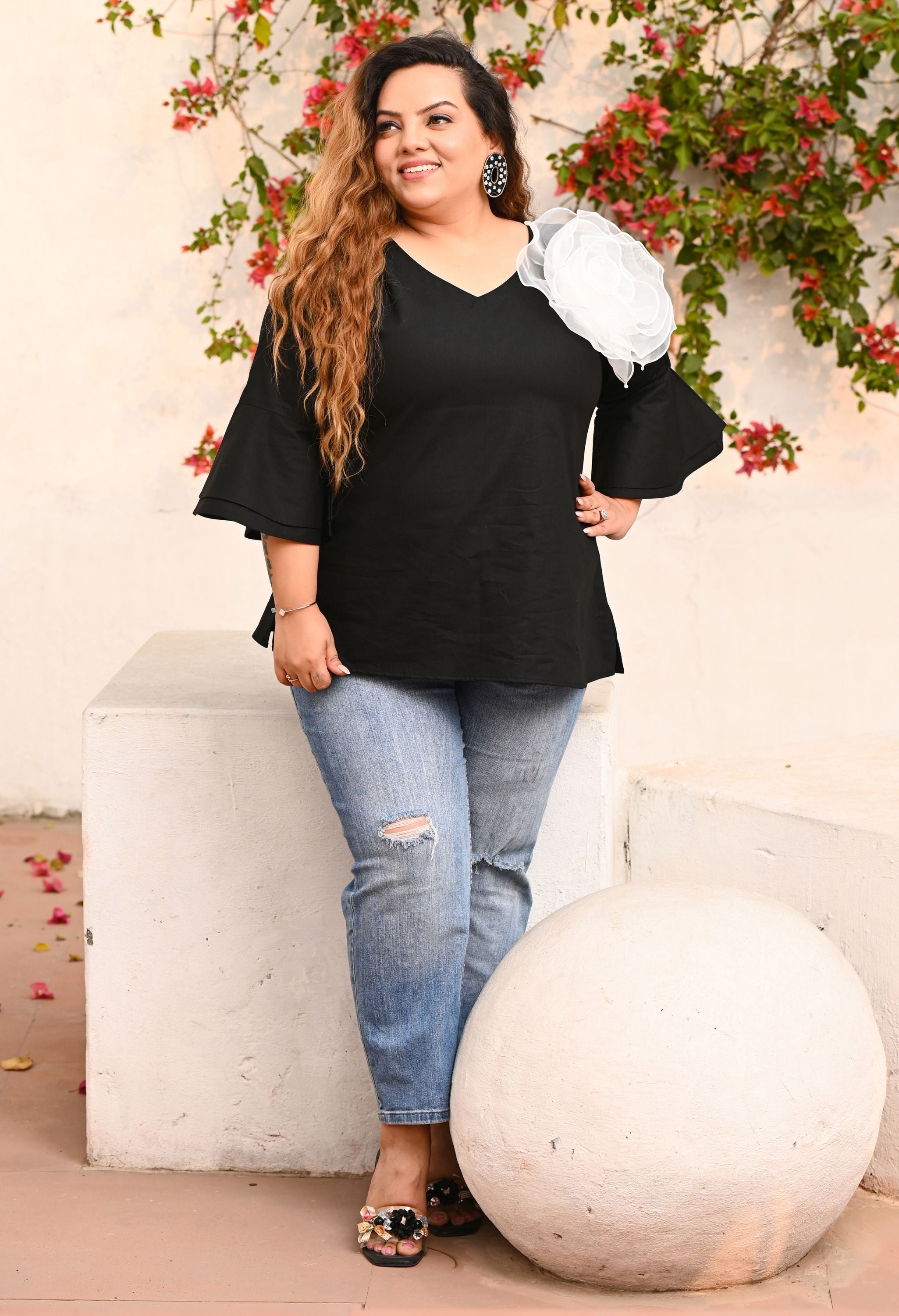 Plus Size Black Statement Flower Top with Flared Sleeves