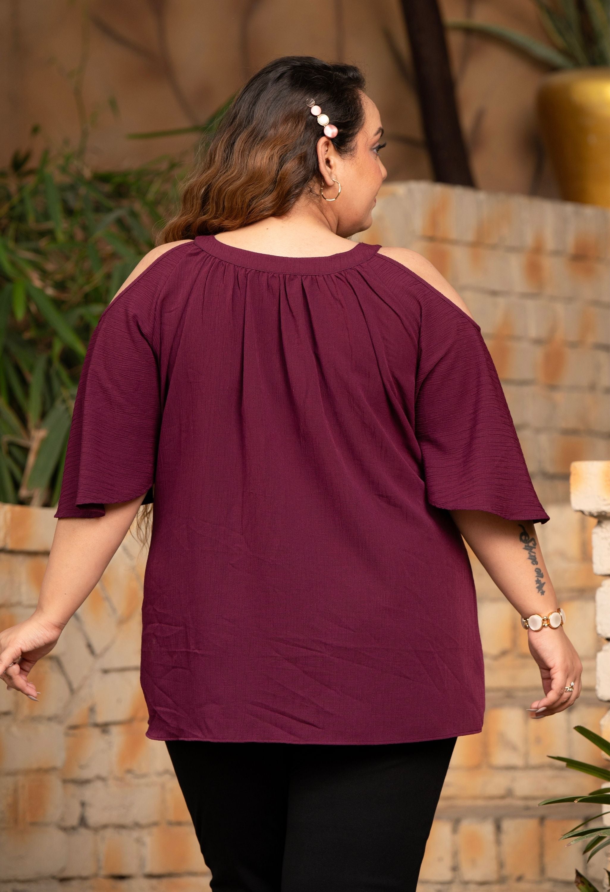 Plus Size Wine Crinkle Cold Shoulder Top