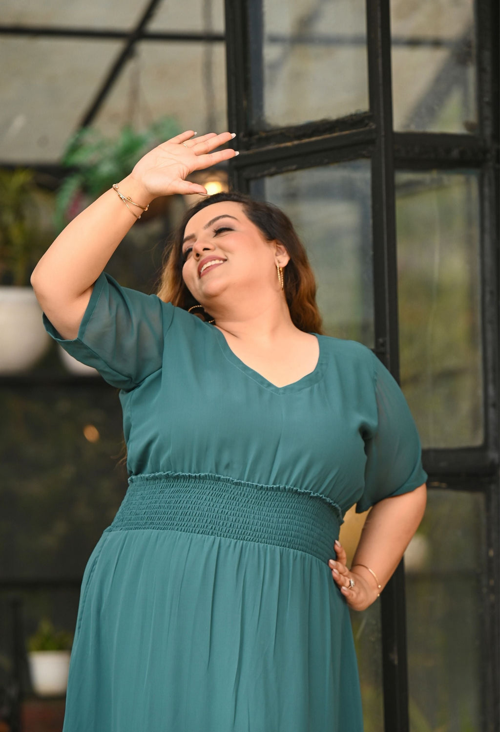 Plus Size Flattering Pine Green Smocked Waist Midi Dress