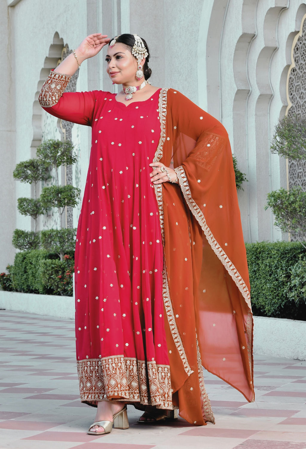 Gulnaar Heritage Rani Pink Georgette Anarkali With Dupatta