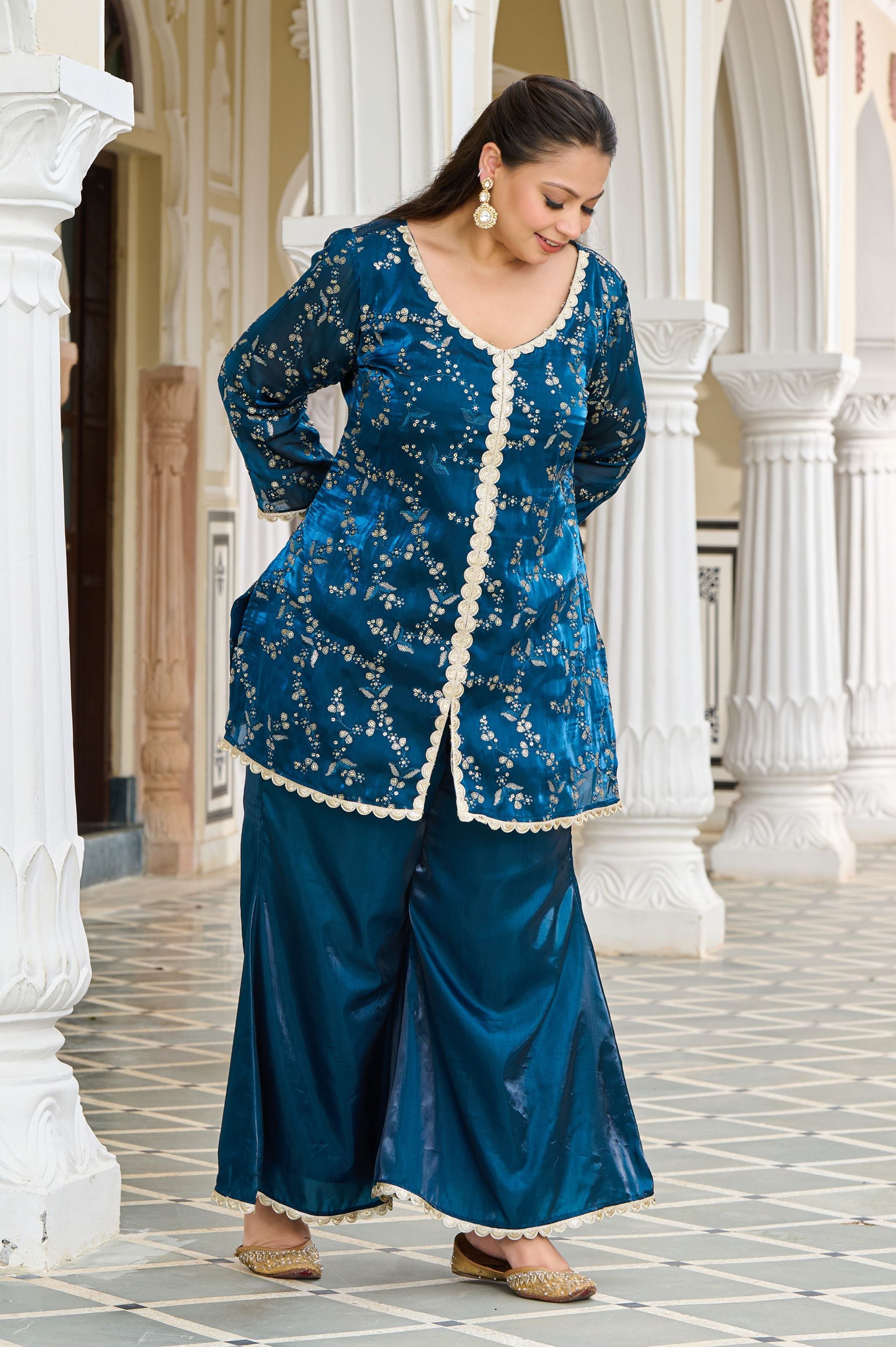 Plus Size Exclusive Festive Teal Embroidered Jimmy Choo Co-ord Set