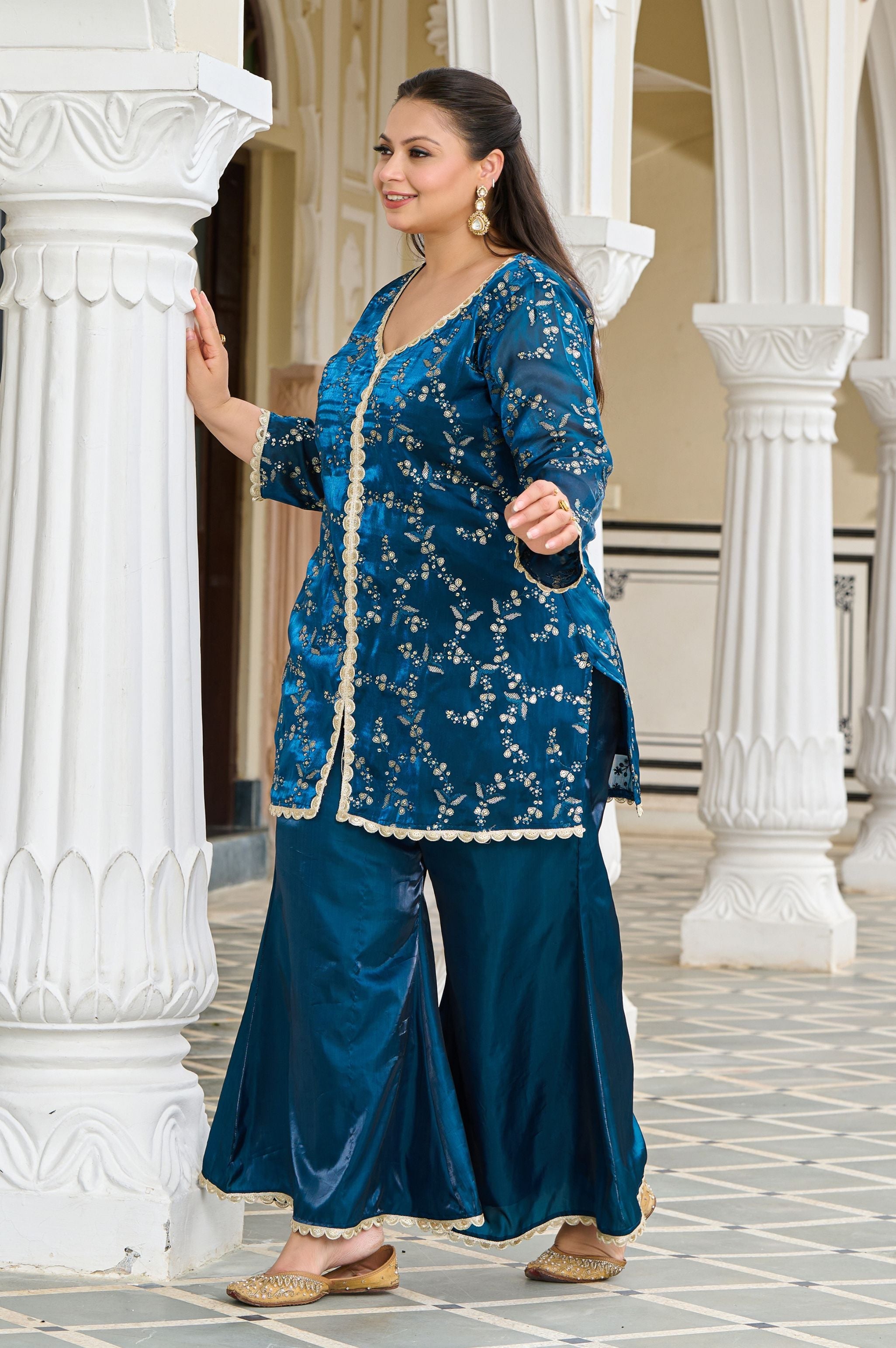 Plus Size Exclusive Festive Teal Embroidered Jimmy Choo Co-ord Set