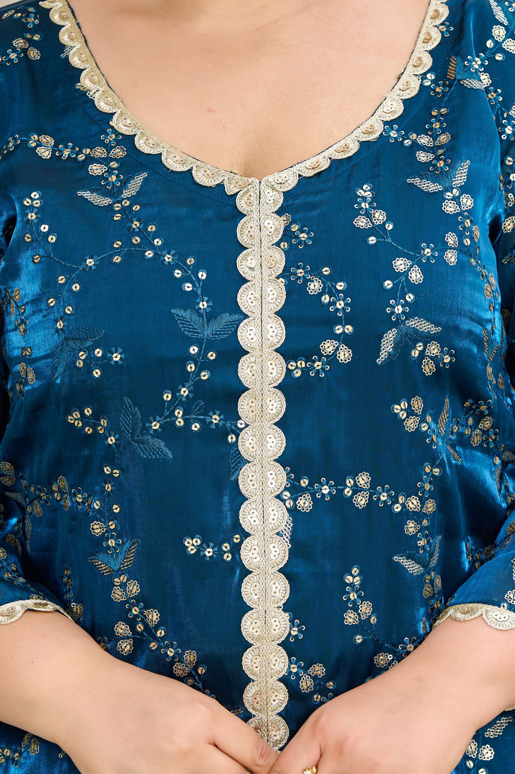 Plus Size Exclusive Festive Teal Embroidered Jimmy Choo Co-ord Set