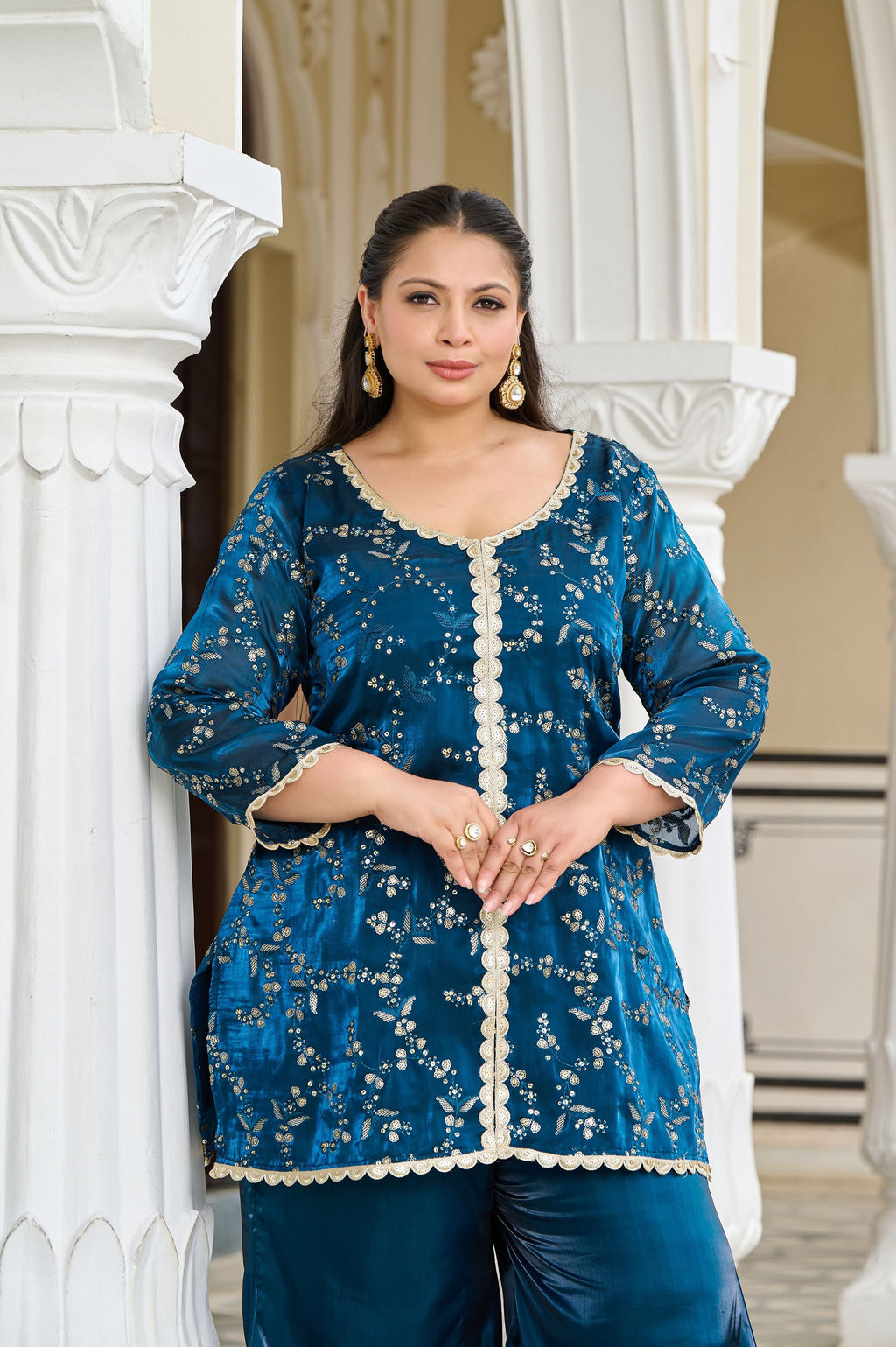Plus Size Exclusive Festive Teal Embroidered Jimmy Choo Co-ord Set