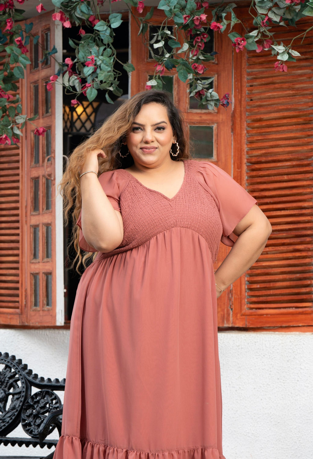 Plus Size Peach Smocked Georgette Dress