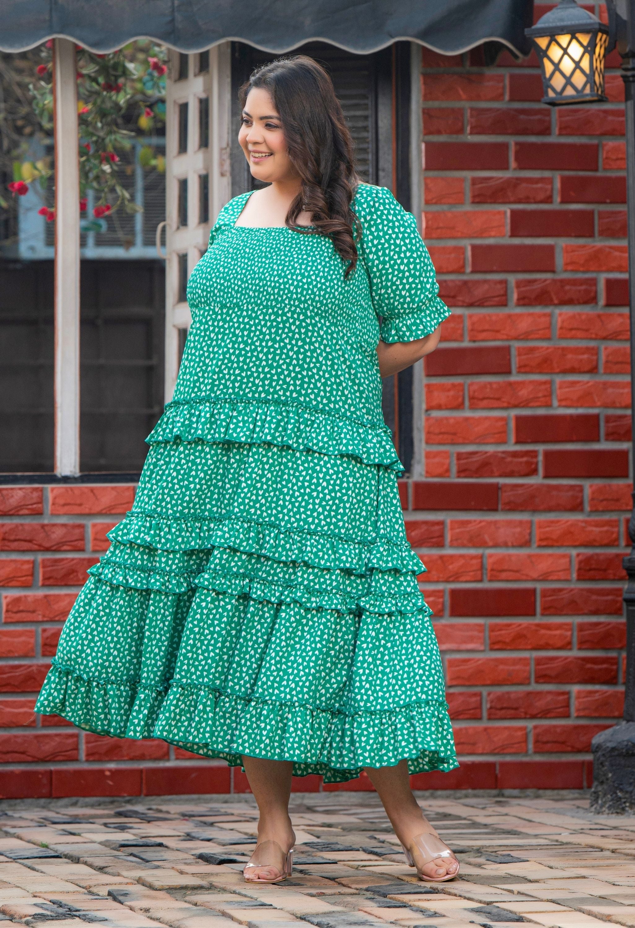 Plus Size Hearty Green Frilled Maxi Dress
