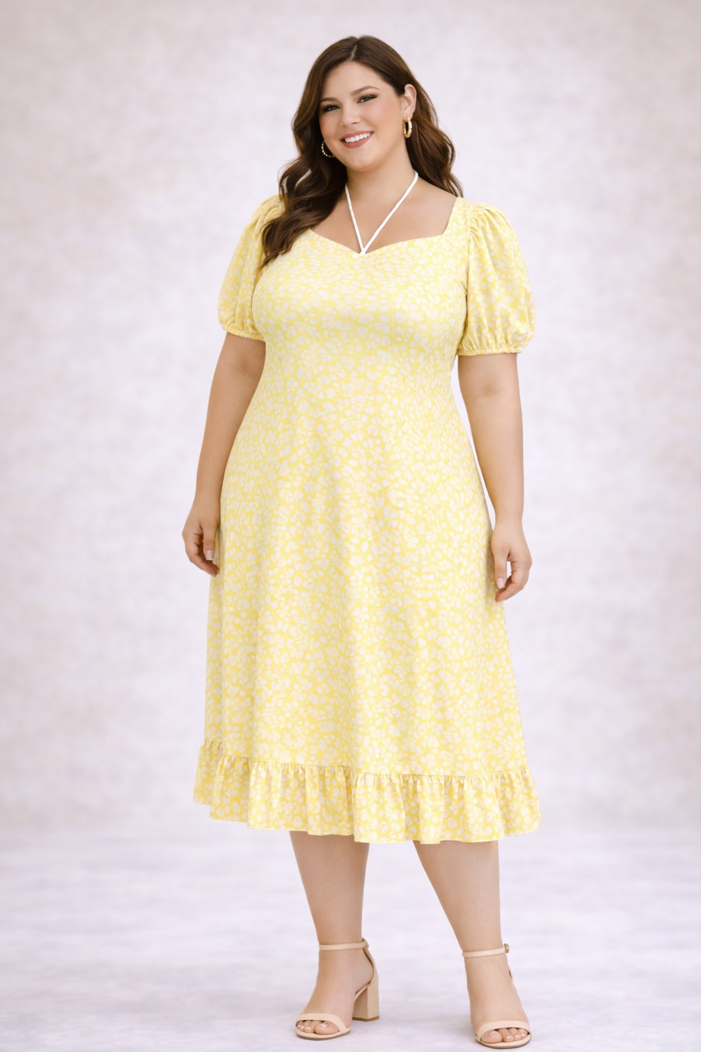 Plus Size Yellow Floral Midi Dress with Sweetheart Neck & Ruffle Hem