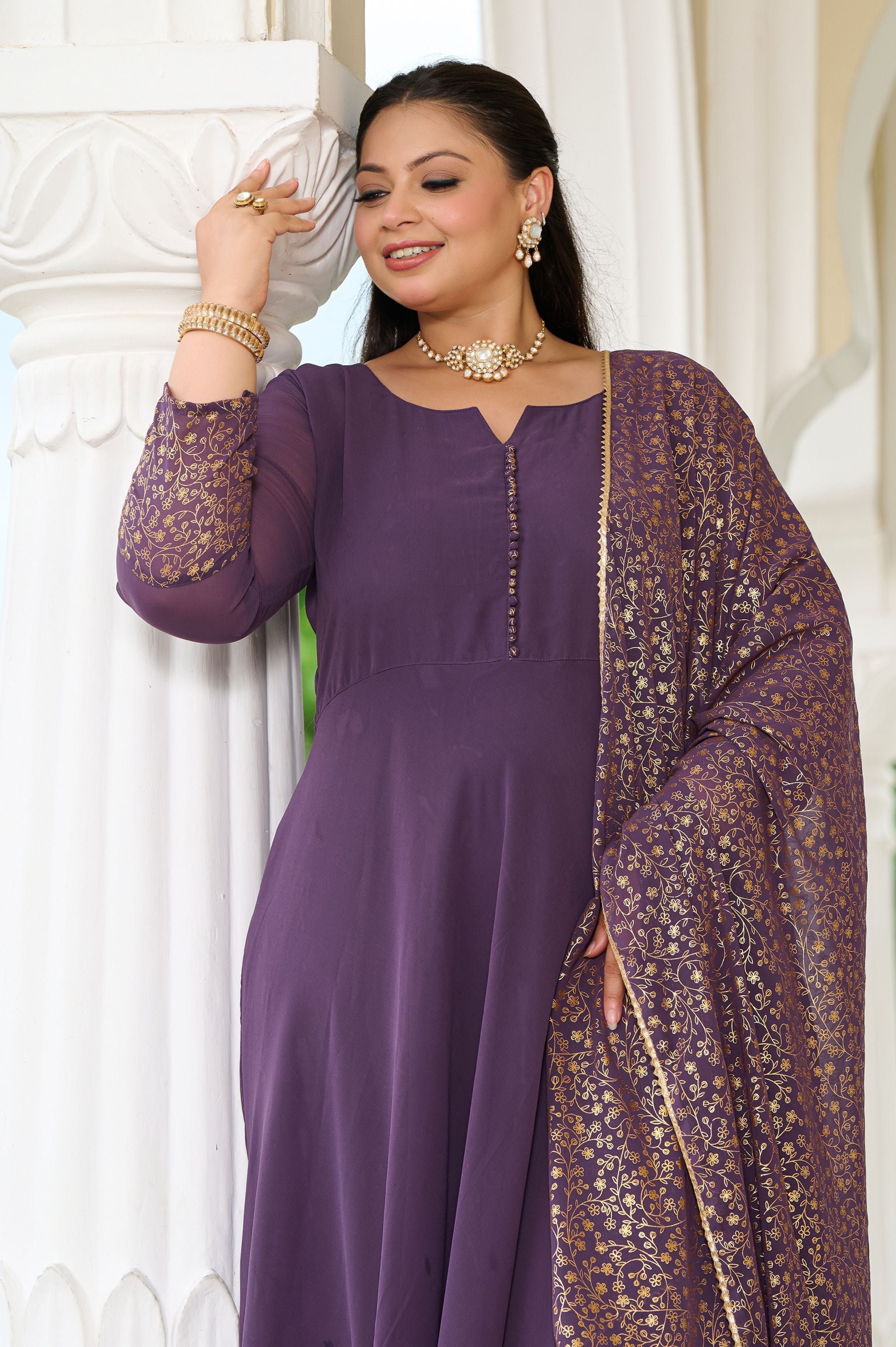 Plus Size Elegant Lavender Anarkali Ensemble with Gold Foil Accents