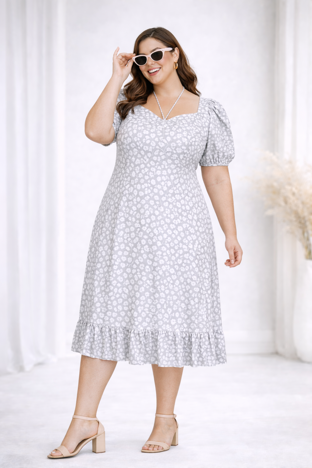 Plus Size Grey Floral Midi Dress with Sweetheart Neck & Ruffle Hem
