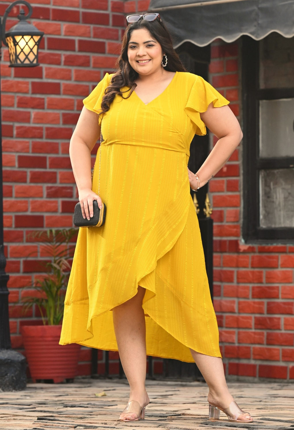 Plus Size Yellow Georgette Wrap Dress