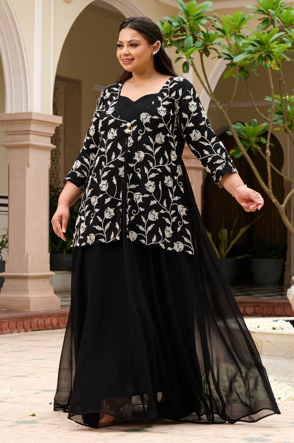 Plus Size Regal Charm Black & Ivory Embroidered Cape Anarkali