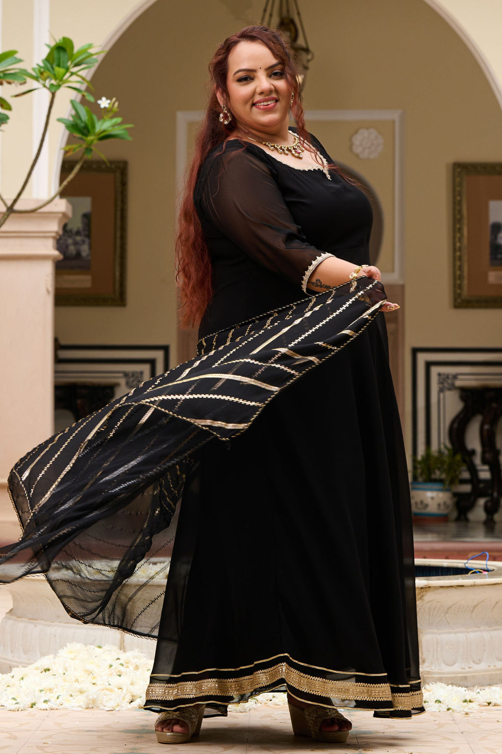 Plus Size Timeless Black Flowing Anarkali with Statement Foil Dupatta