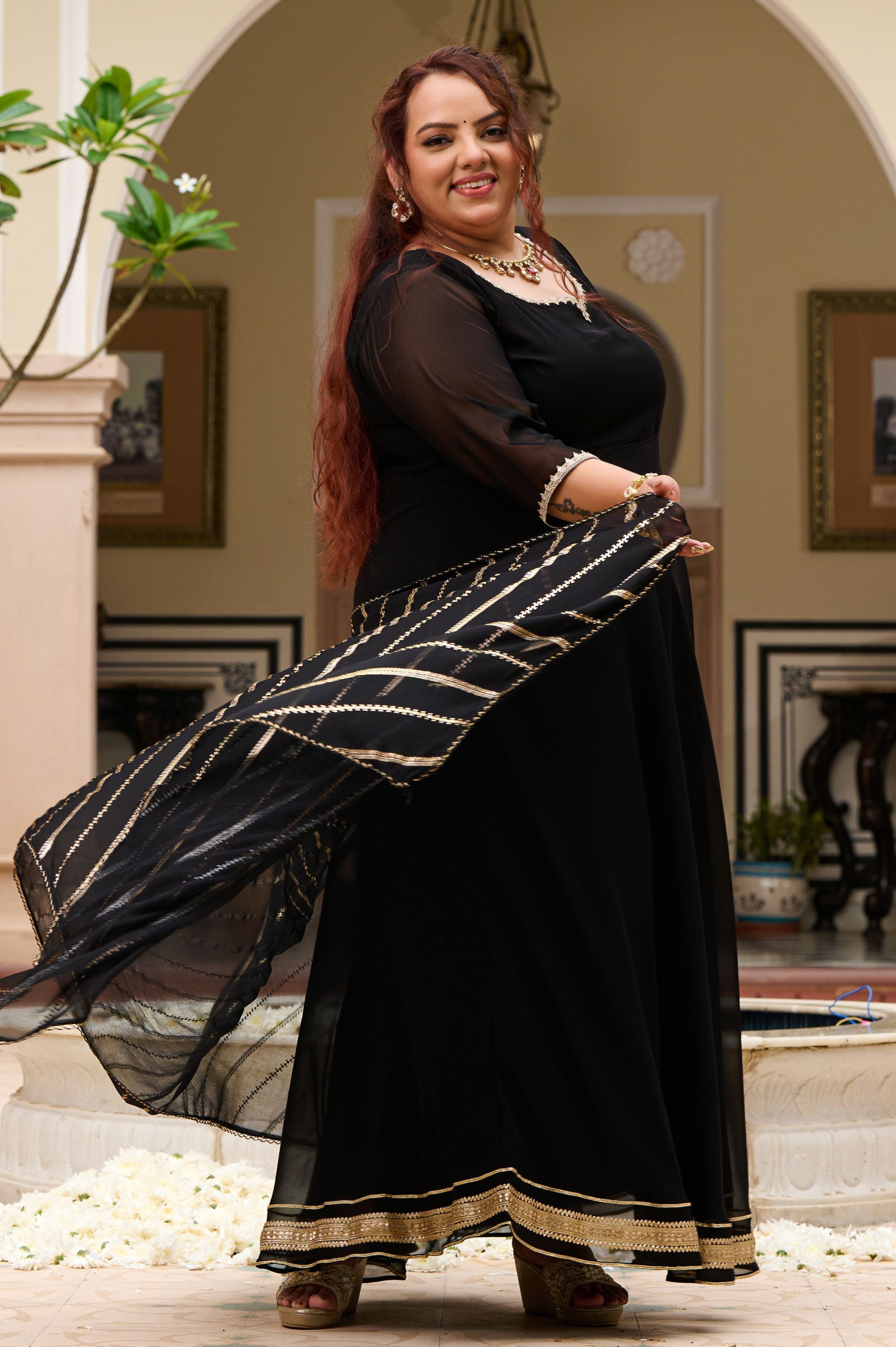 Plus Size Timeless Black Flowing Anarkali with Statement Foil Dupatta