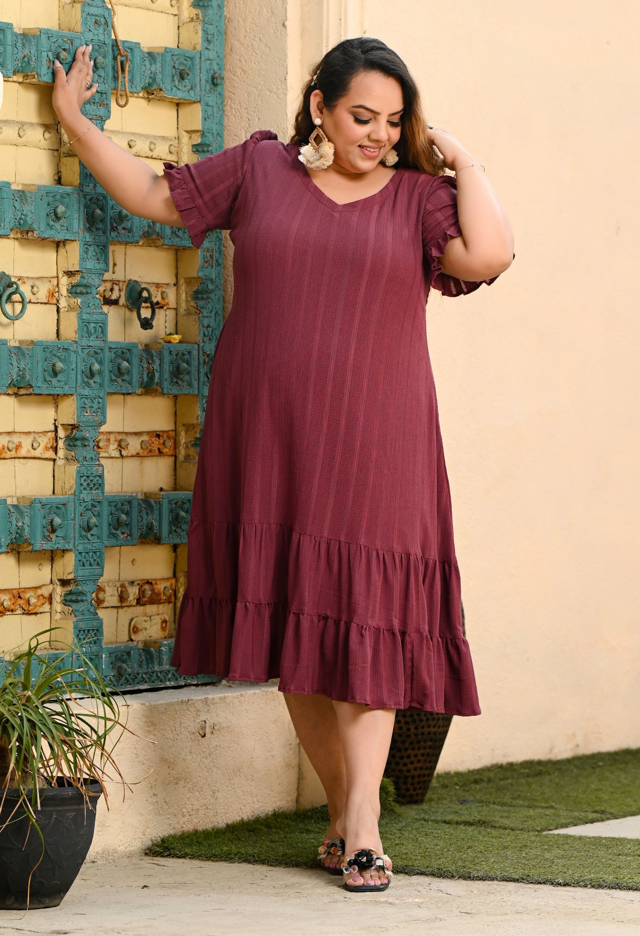 Plus Size Chestnut Copper Double Frilled Dress