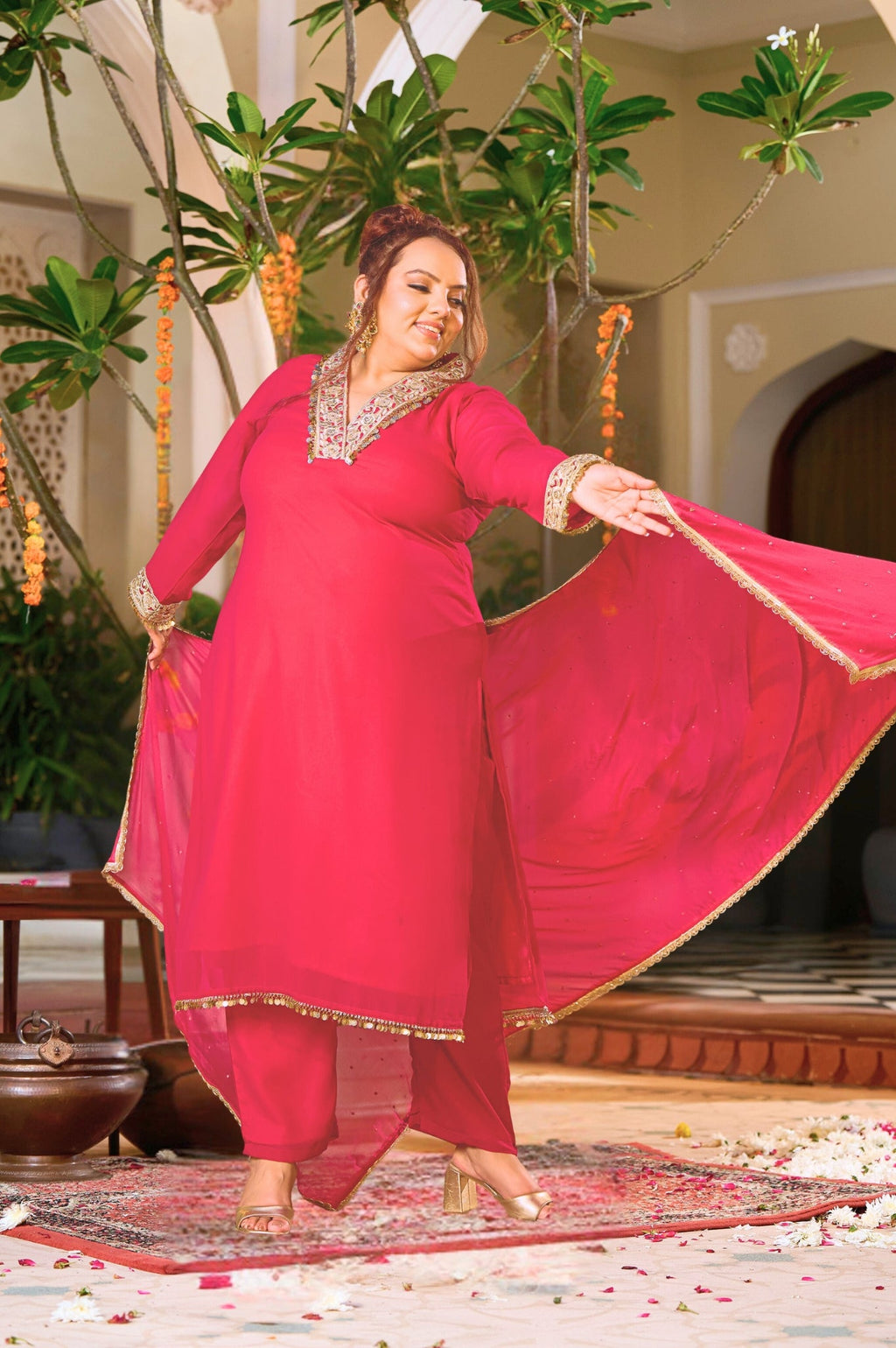 Plus Size Vibrant Rani Pink Suit Ensemble with Dupatta