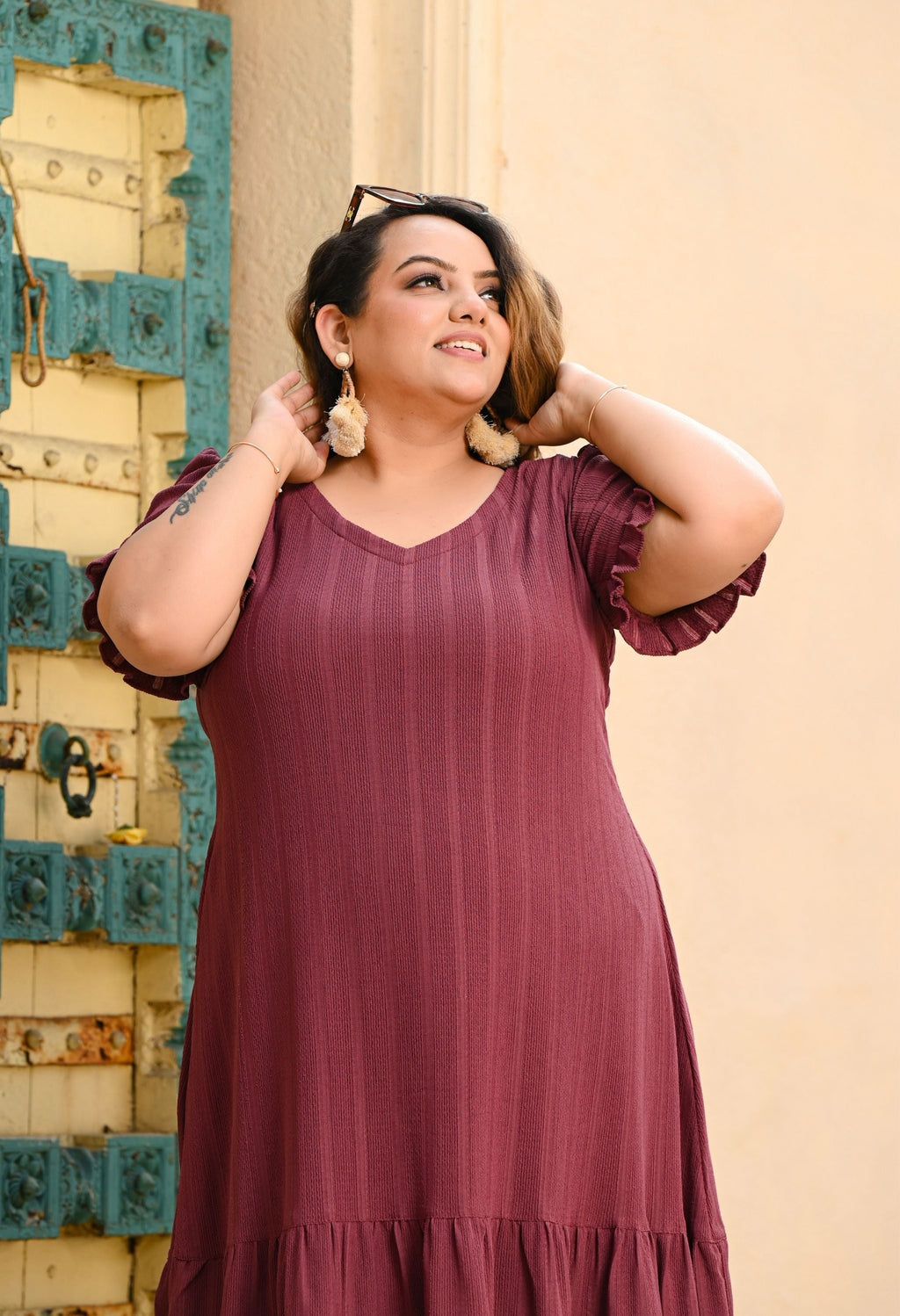 Plus Size Chestnut Copper Double Frilled Dress