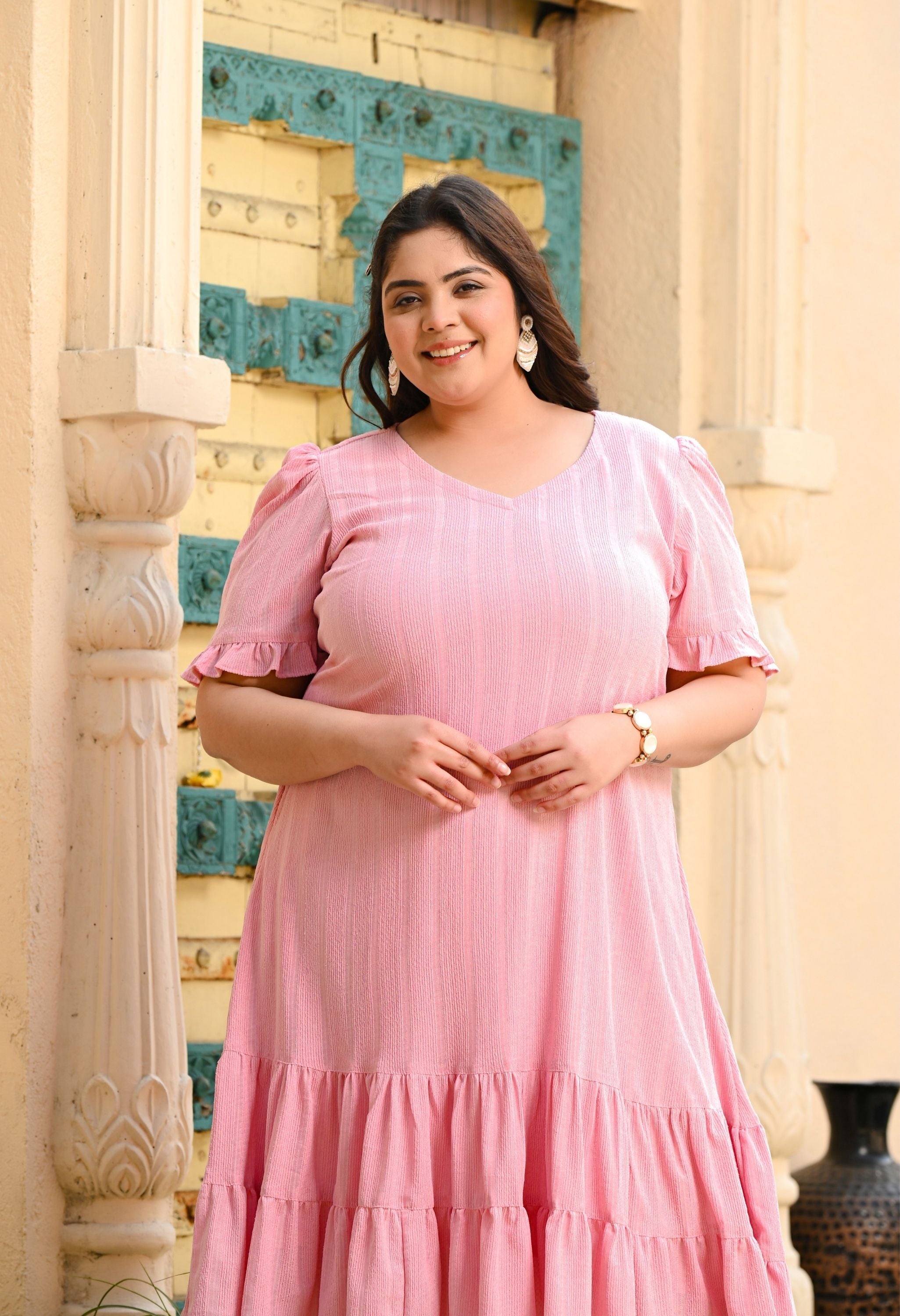 Plus Size Delicate Pink Double Frilled Dress