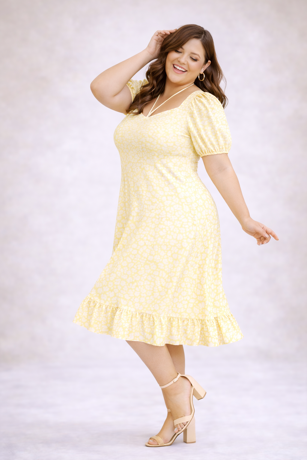 Plus Size Yellow Floral Midi Dress with Sweetheart Neck & Ruffle Hem