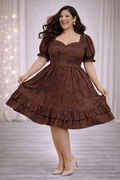 Plus Size Brown Tye Dye Prism Puff Sleeve Dress