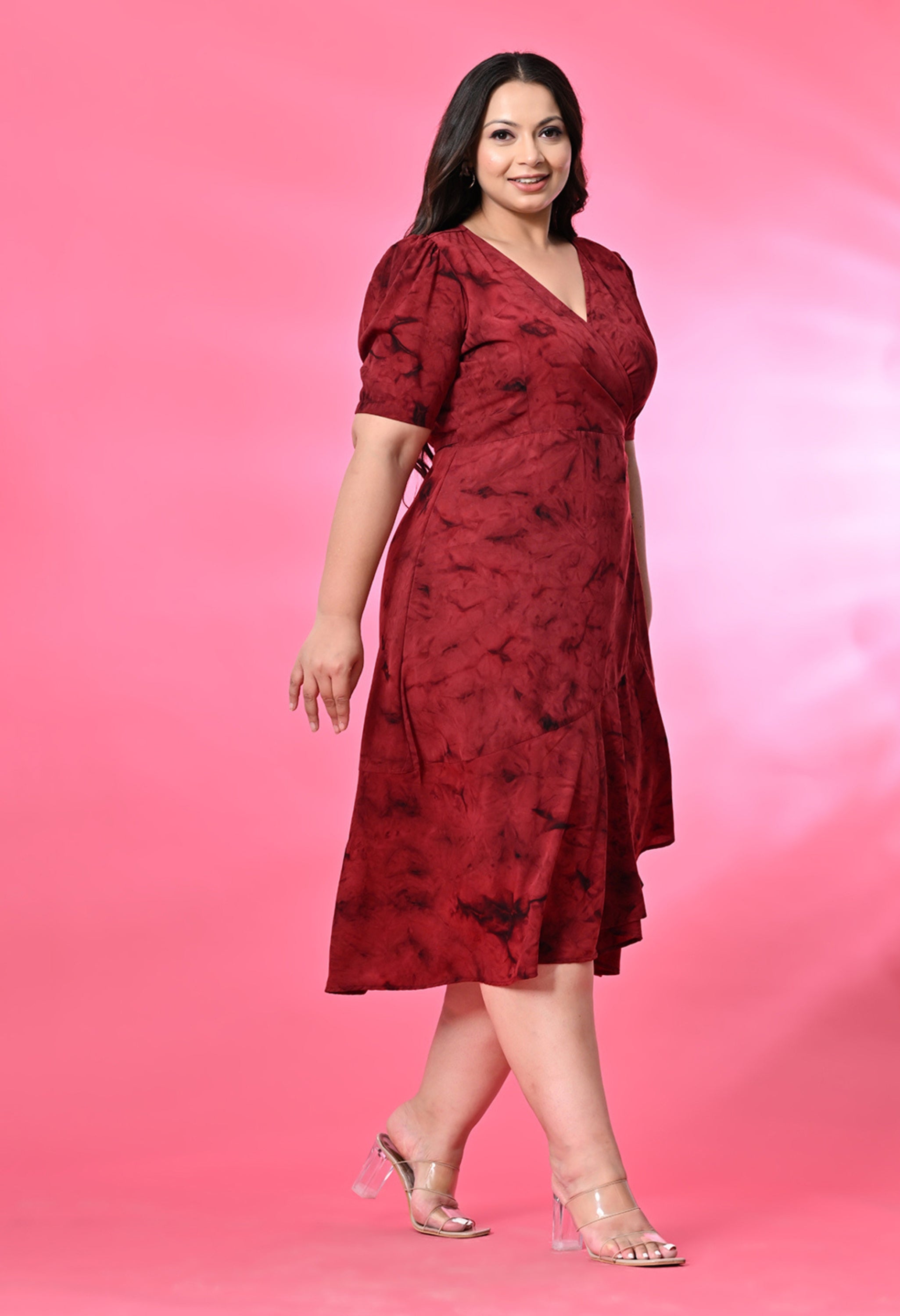 Plus Size Maroon Tye Dye Prism Wrap Dress