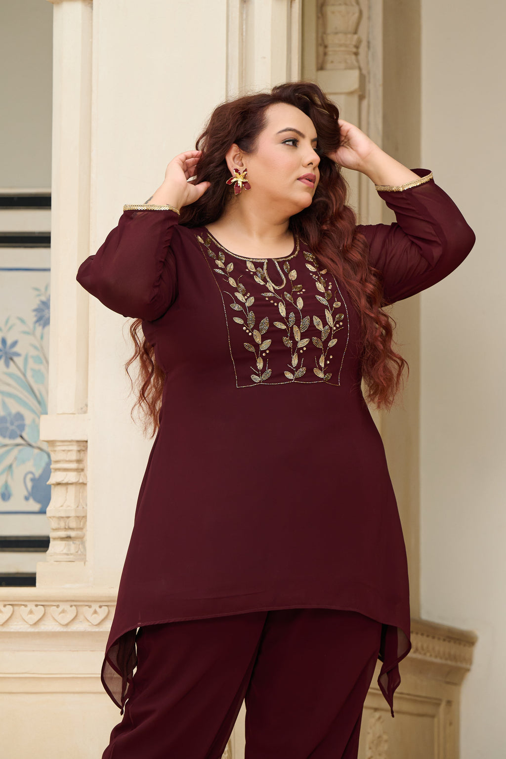 Plus Size Festive Regal Coffee Embroidered Co-ord Set with Golden Leafwork