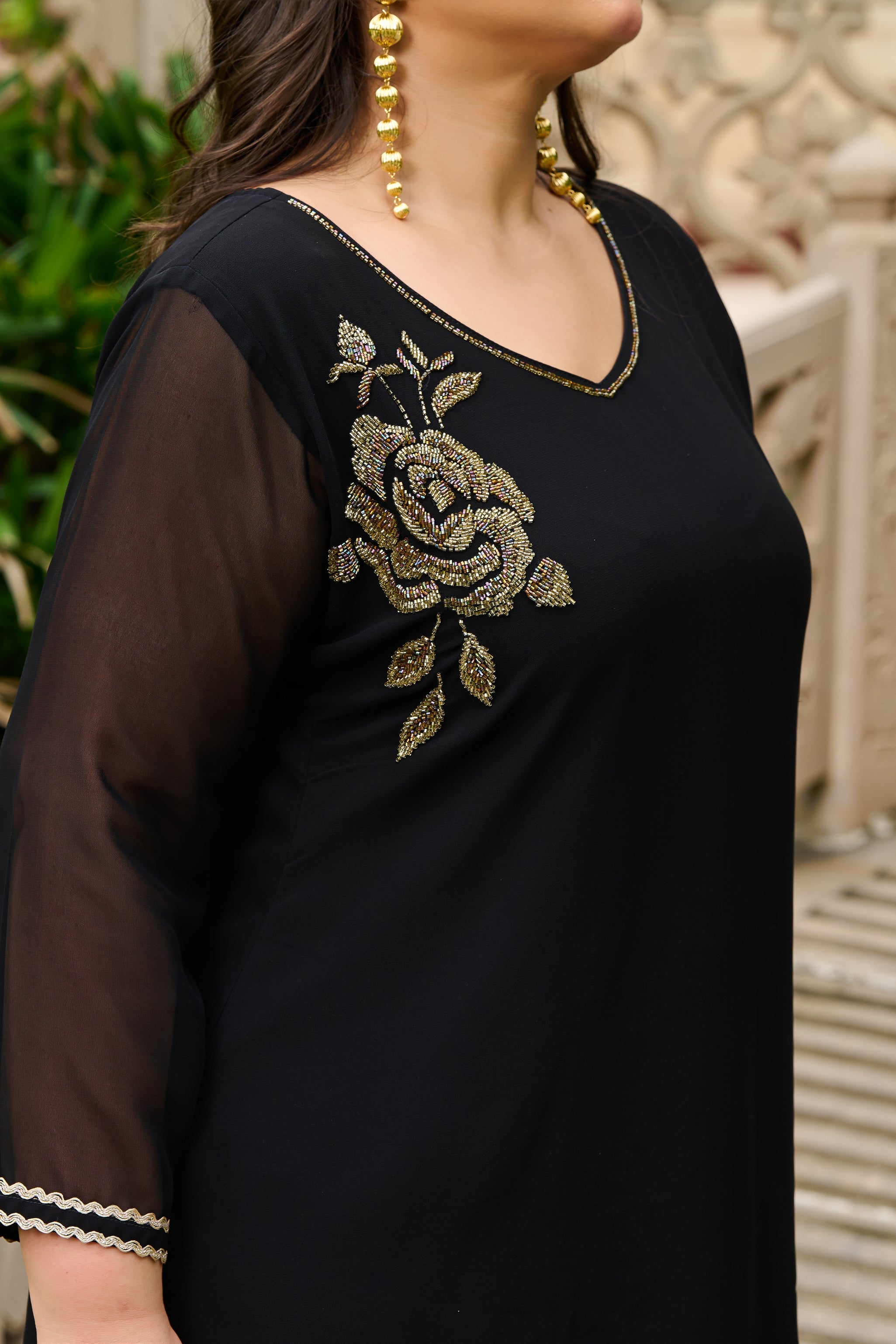 Plus Size Festive Black Embroidered Co-ord Set with Rose Motifs