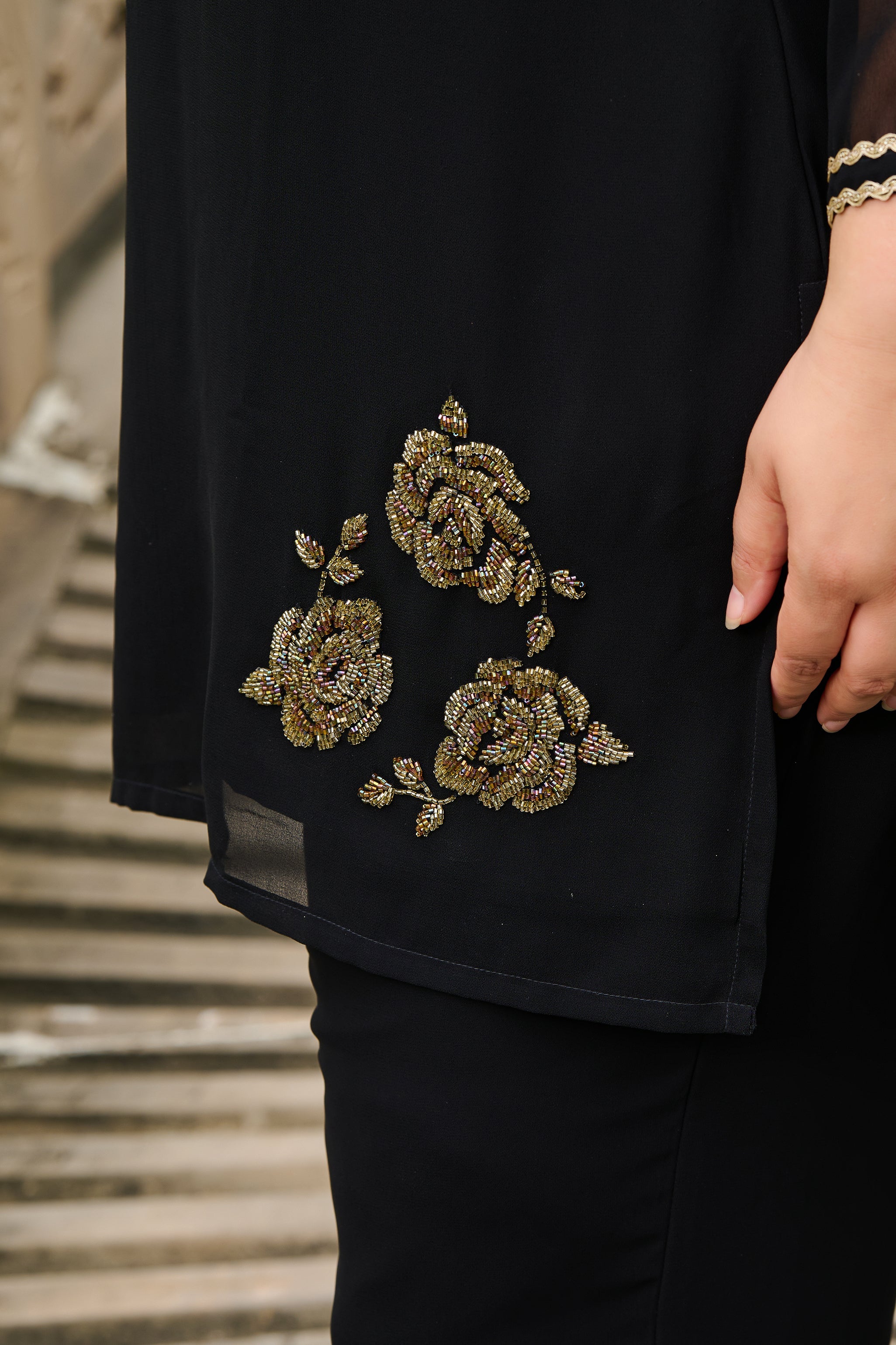 Plus Size Festive Black Embroidered Co-ord Set with Rose Motifs