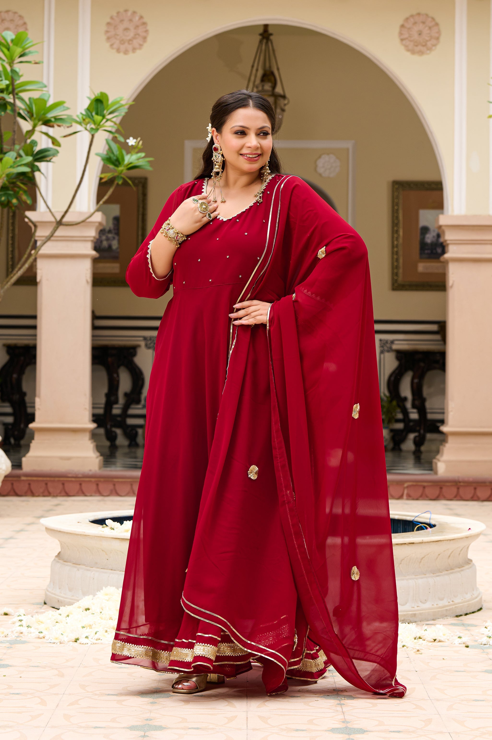 Plus Size Festive Maroon Georgette Anarkali Set with Hand Embellishments