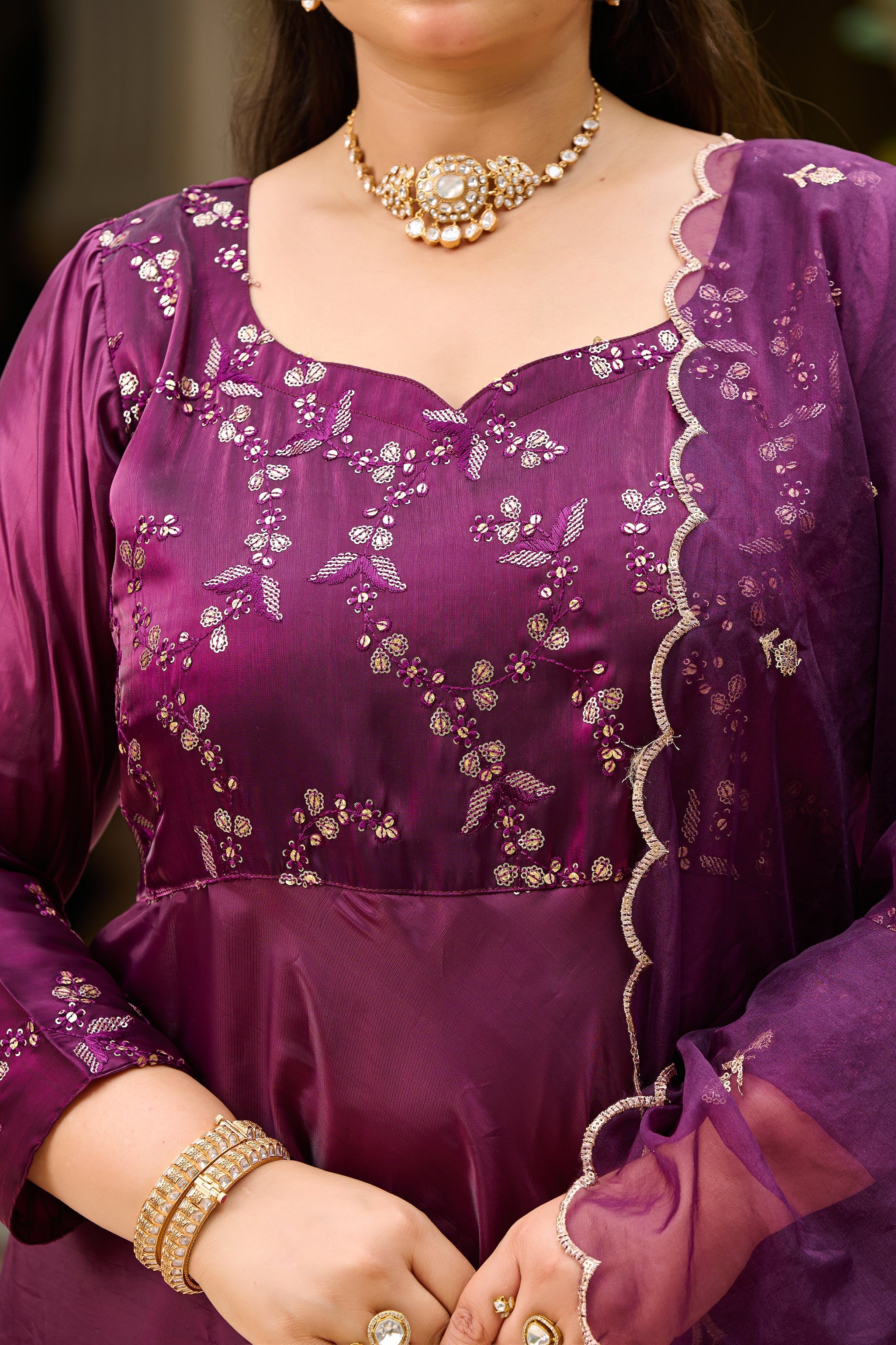 Plus Size Majestic Wine Embellished Anarkali with Organza Dupatta