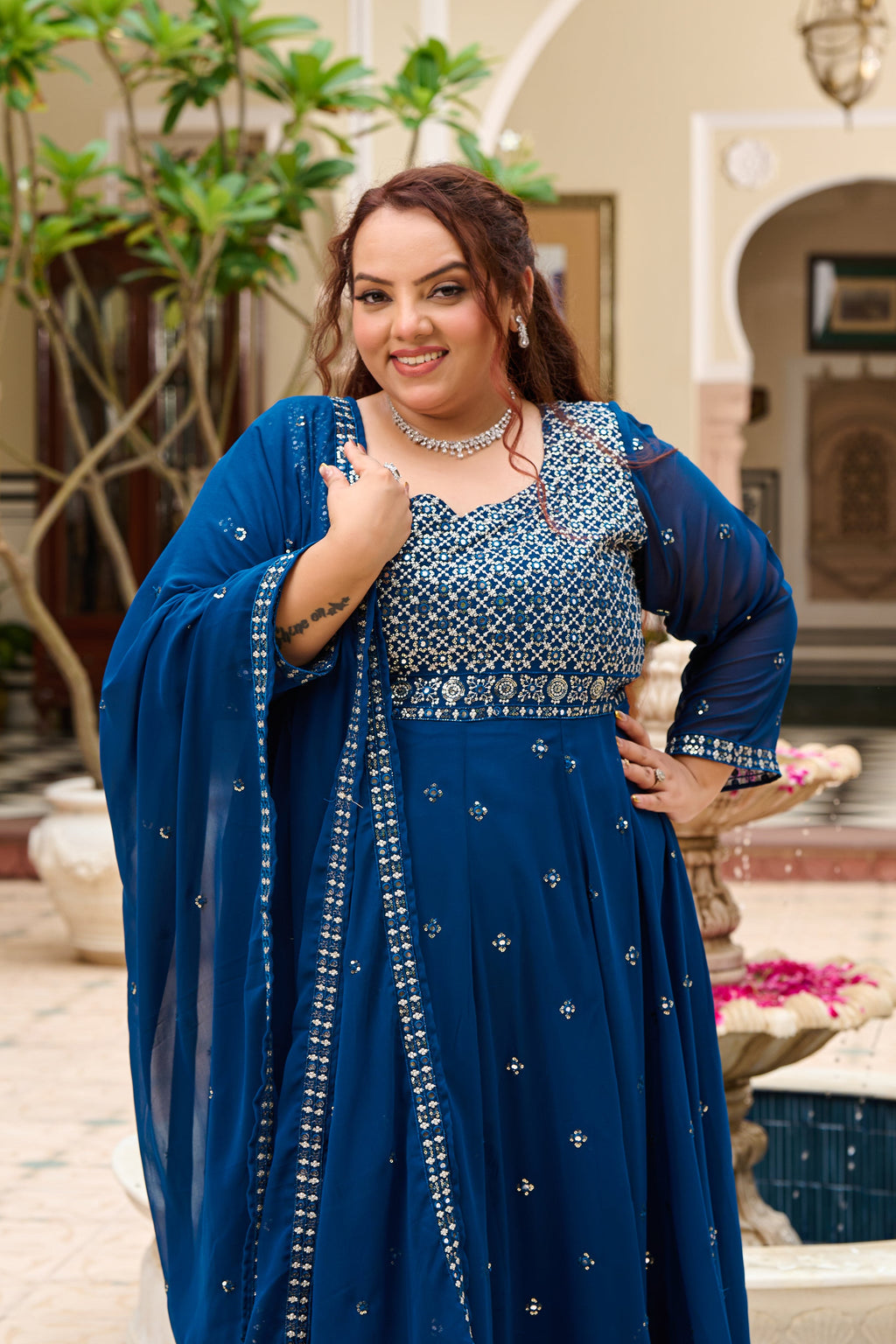 Plus Size Mehr Jaal Mirror Embroidered Teal Blue Anarkali with Dupatta
