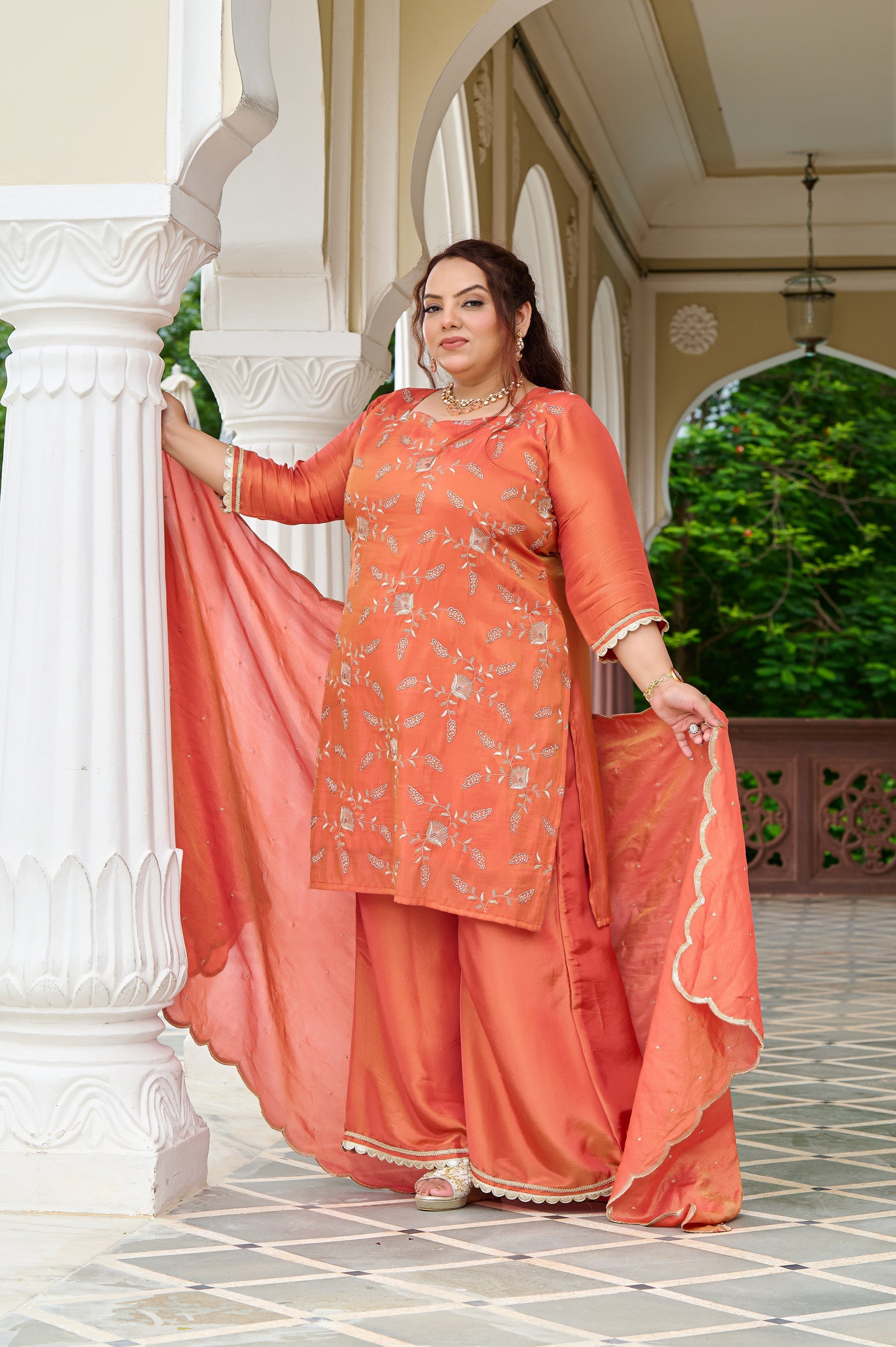 Plus Size Exclusive Sunset Glow Hand-Embroidered Orange Kurta Set with Scalloped Dupatta