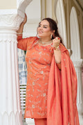 Plus Size Exclusive Sunset Glow Hand-Embroidered Orange Kurta Set with Scalloped Dupatta