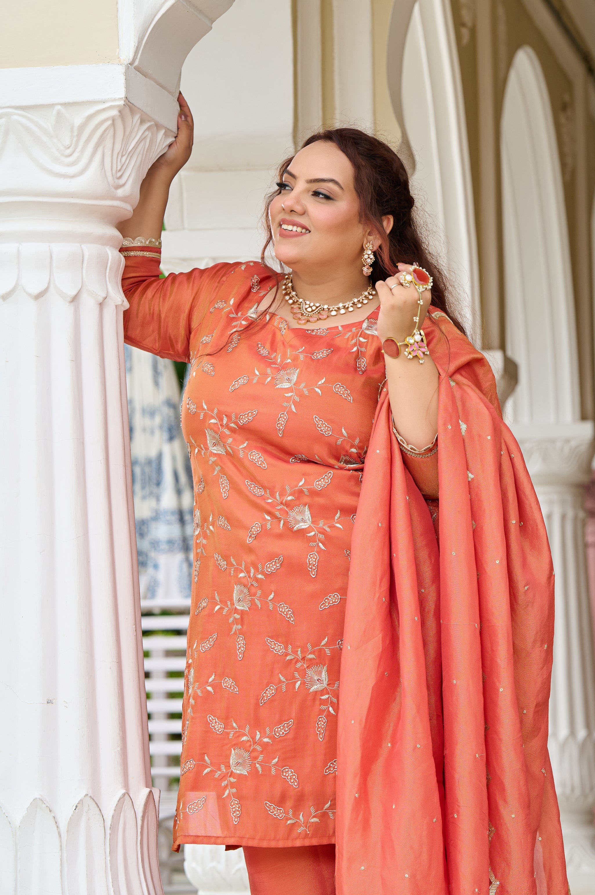Plus Size Exclusive Sunset Glow Hand-Embroidered Orange Kurta Set with Scalloped Dupatta