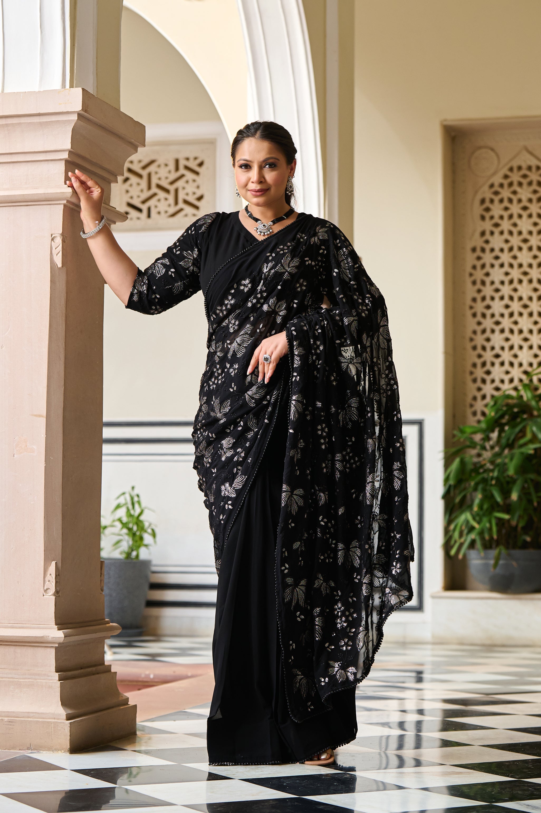 Plus Size Exclusive Black Sequin Embroidered Ready to Wear Drape Saree