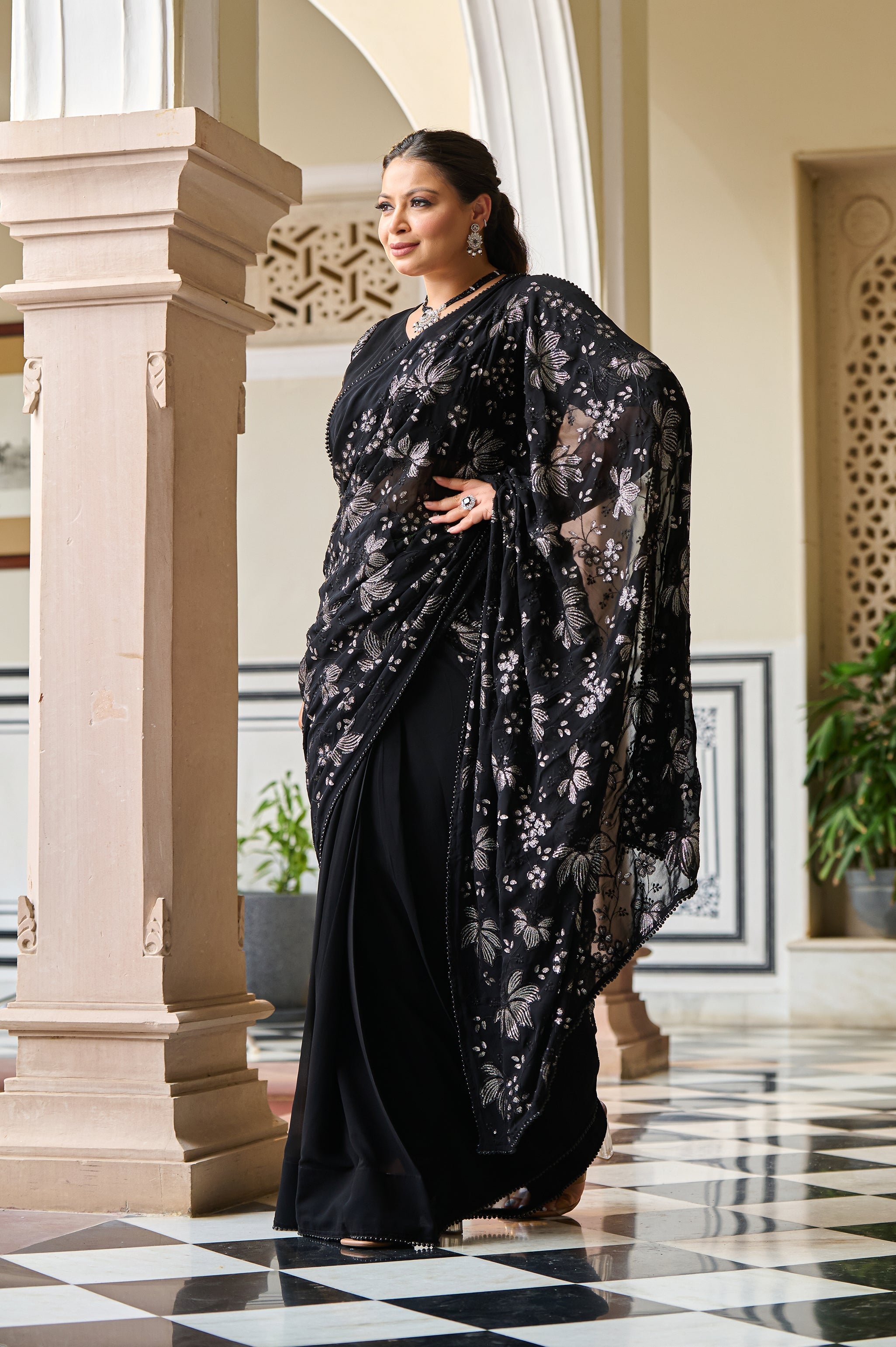 Plus Size Exclusive Black Sequin Embroidered Ready to Wear Drape Saree