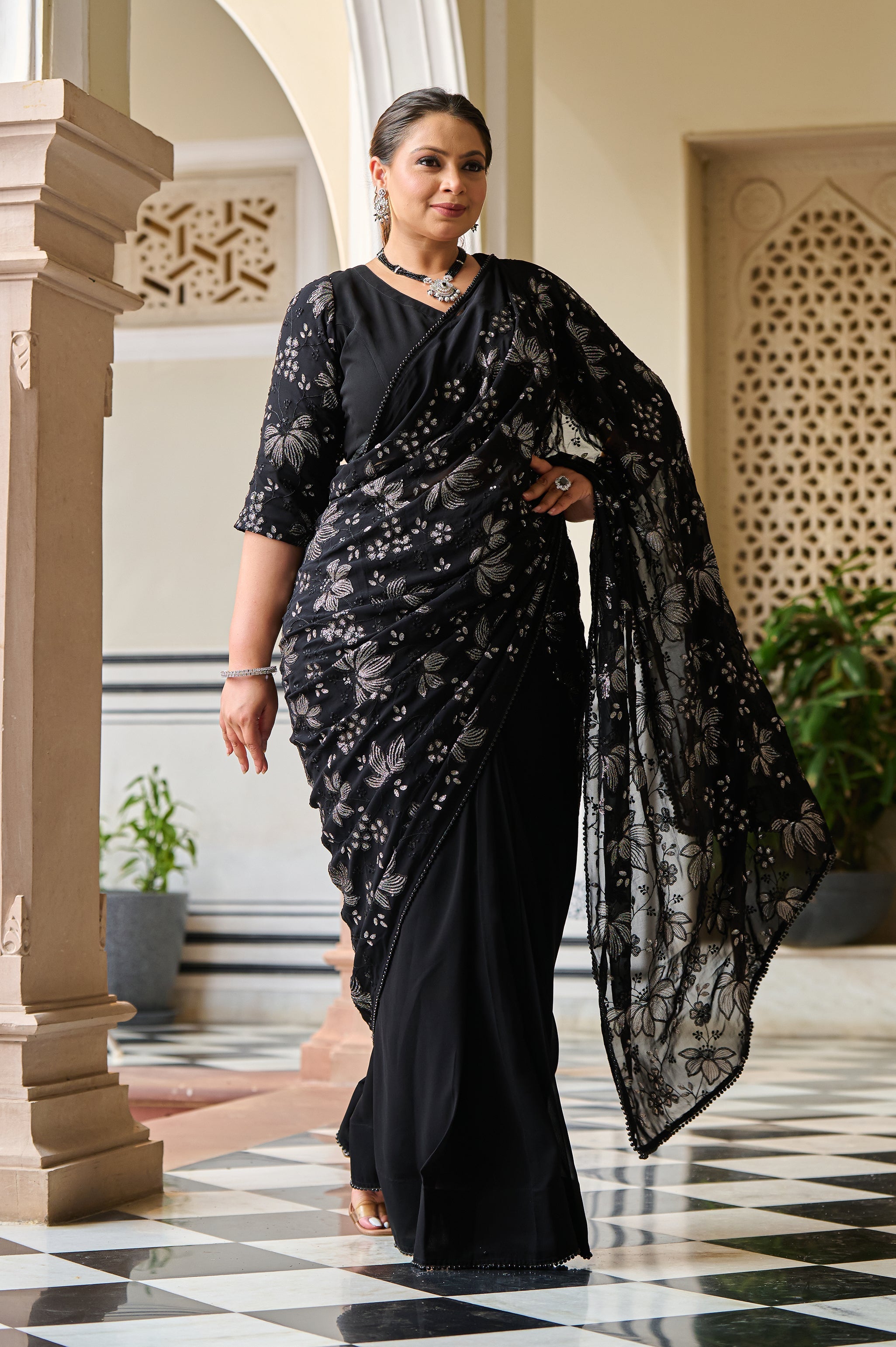 Plus Size Exclusive Black Sequin Embroidered Ready to Wear Drape Saree