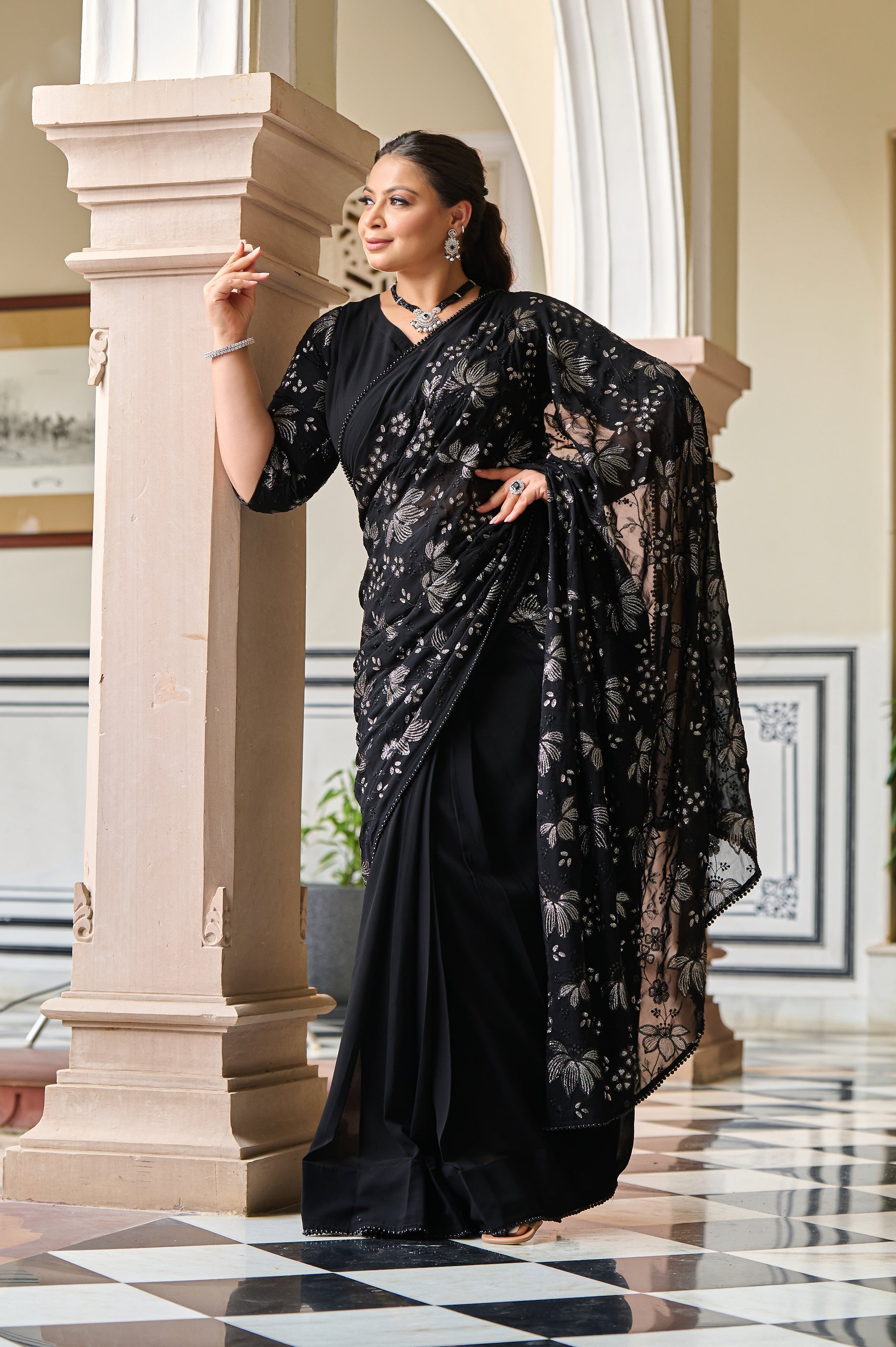 Plus Size Exclusive Black Sequin Embroidered Ready to Wear Drape Saree