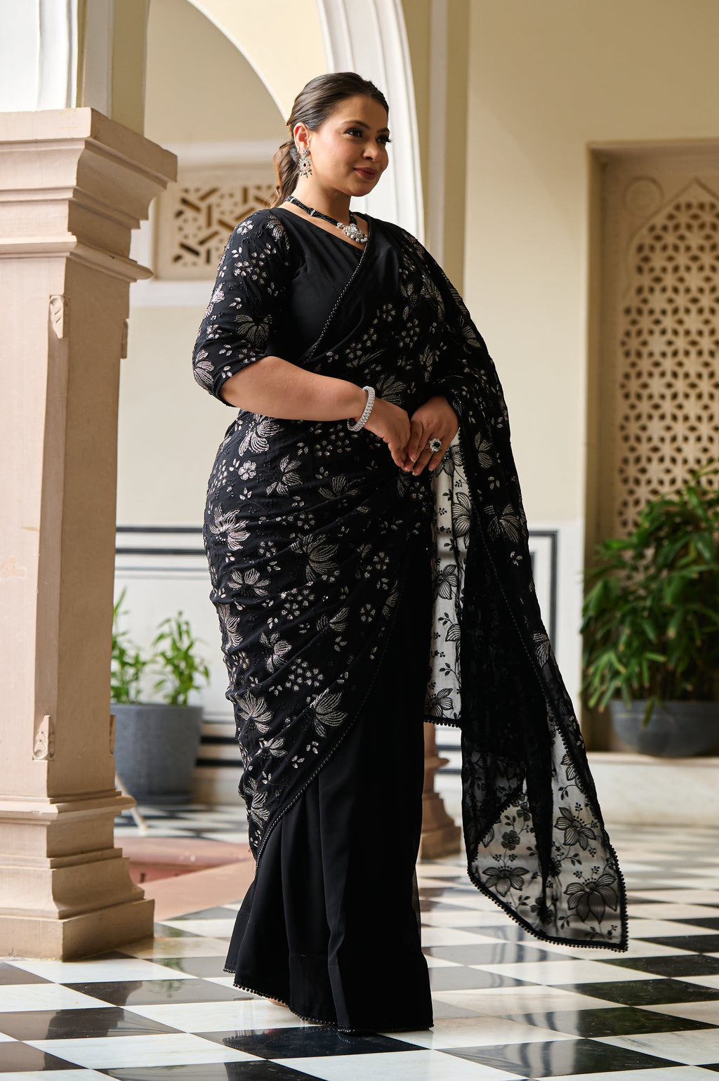 Plus Size Exclusive Black Sequin Embroidered Ready to Wear Drape Saree