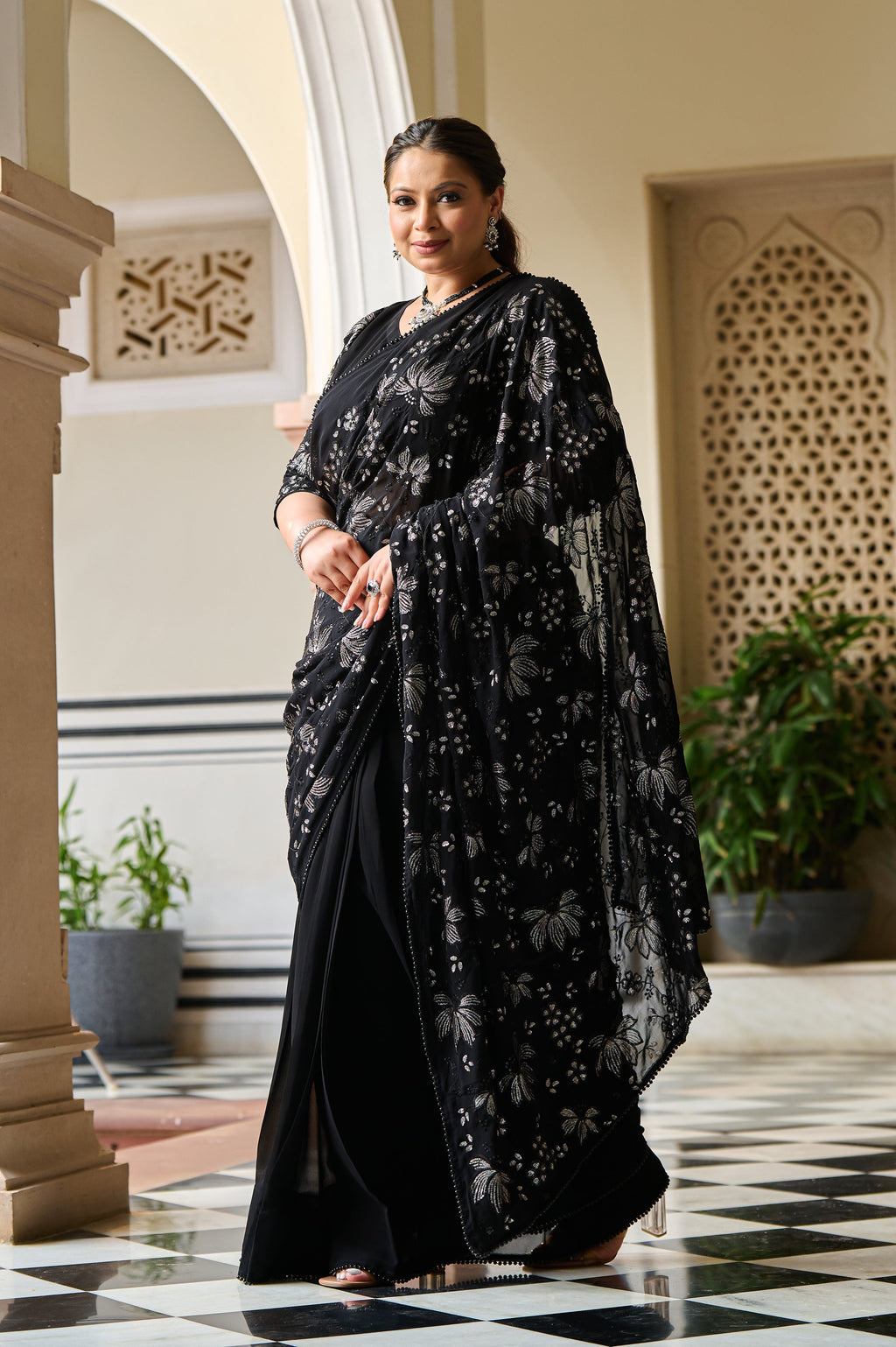Plus Size Exclusive Black Sequin Embroidered Ready to Wear Drape Saree