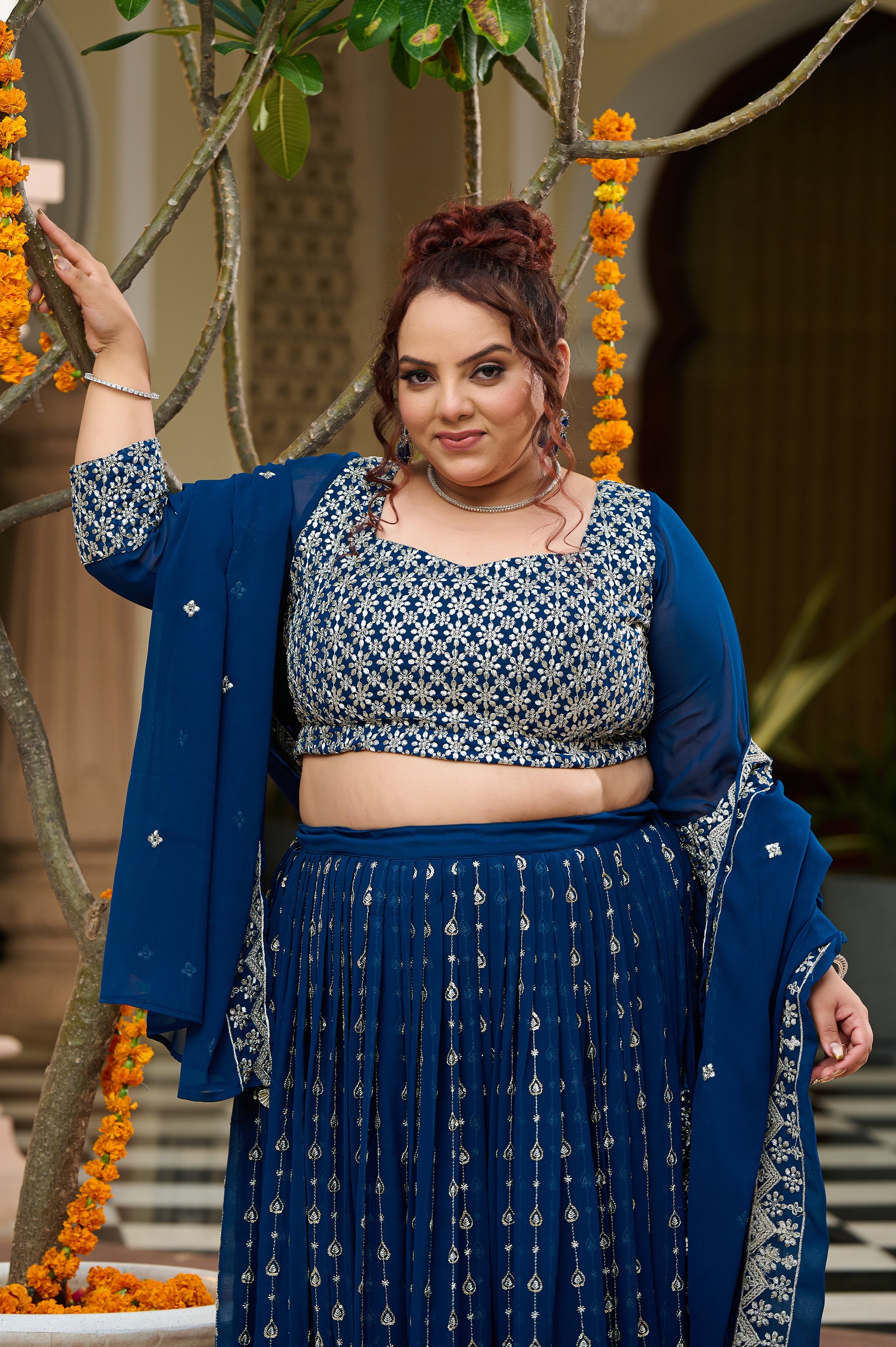 Plus Size Teal Noir Embroidered Georgette Lehenga Choli with Sheer Dupatta
