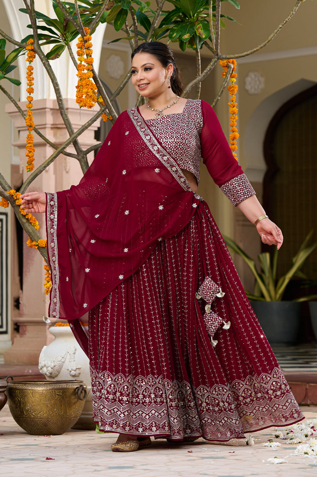Plus Size Festive Stunner Maroon Majesty Embroidered Lehenga Choli with Dupatta Set