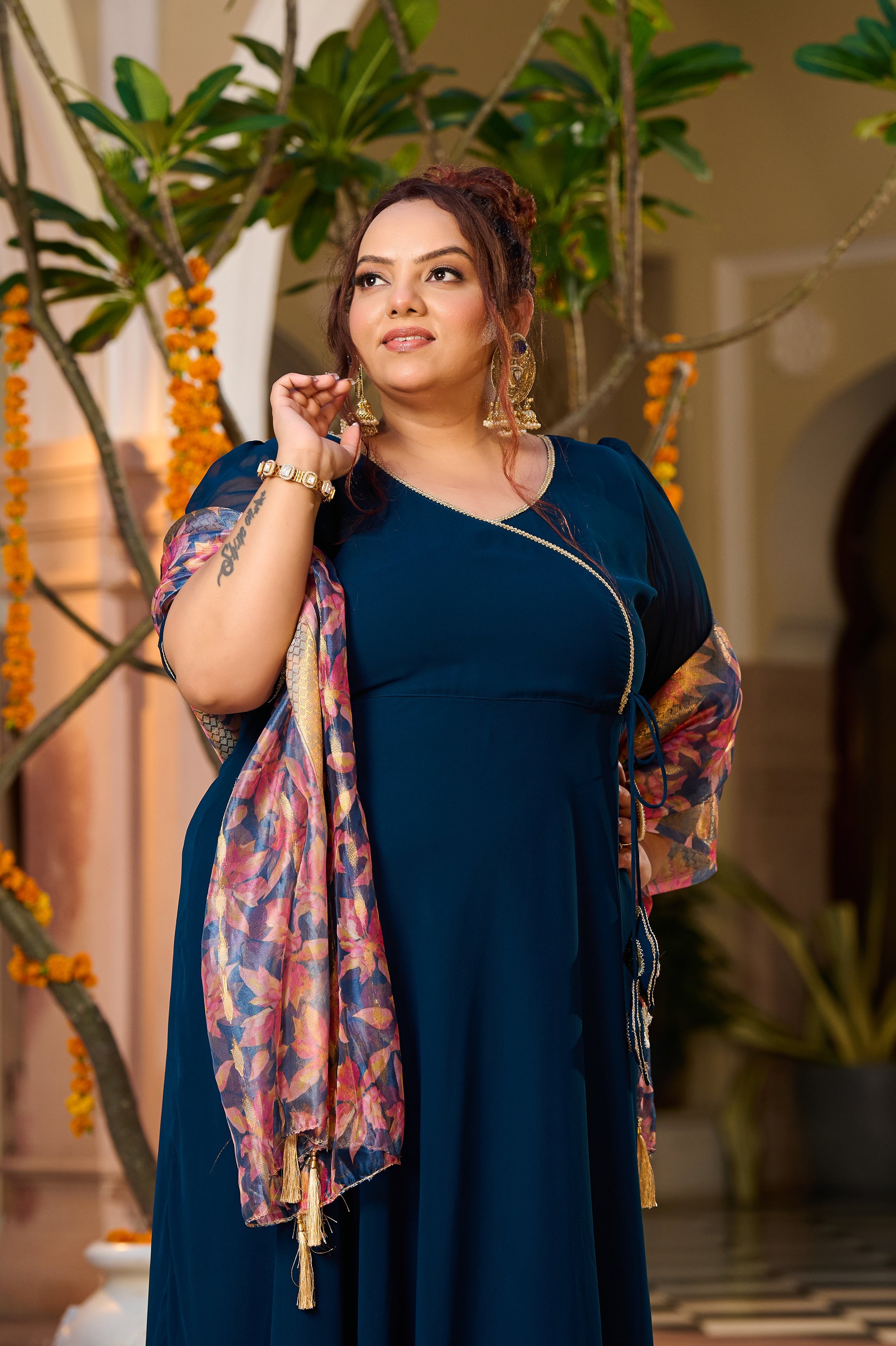 Plus Size Neelika Angrakha Kurta Set with Organza Dupatta