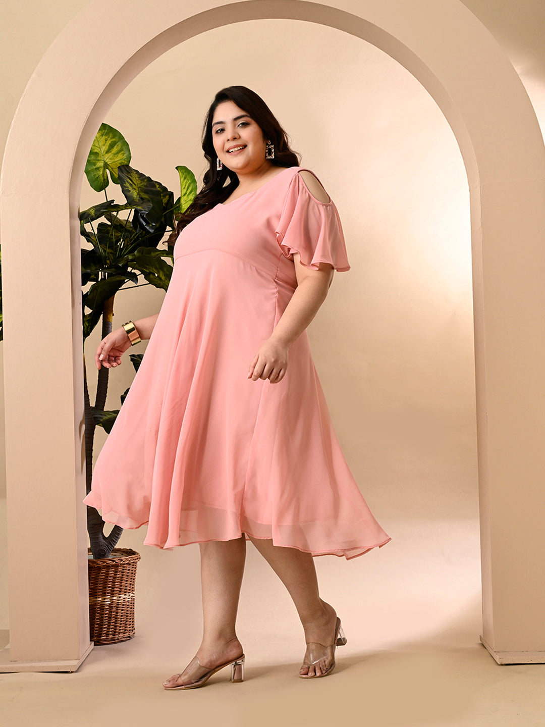 Plus Size Pink Cold Shoulder Georgette Dress