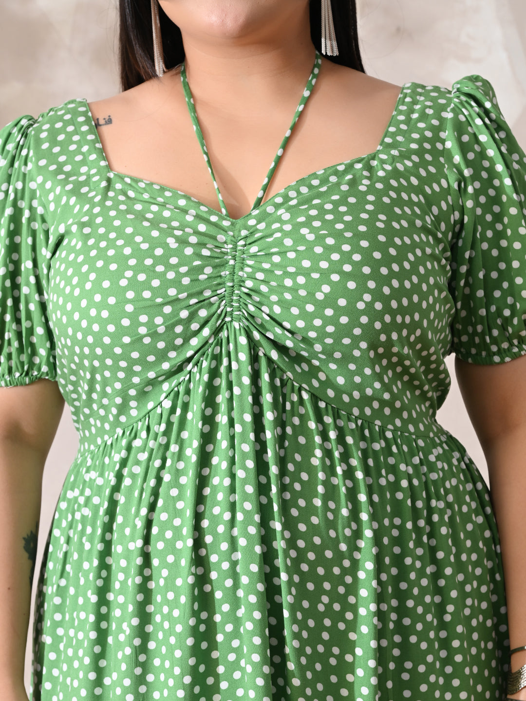 Polka Charm Green Rayon Ruched Midi Dress