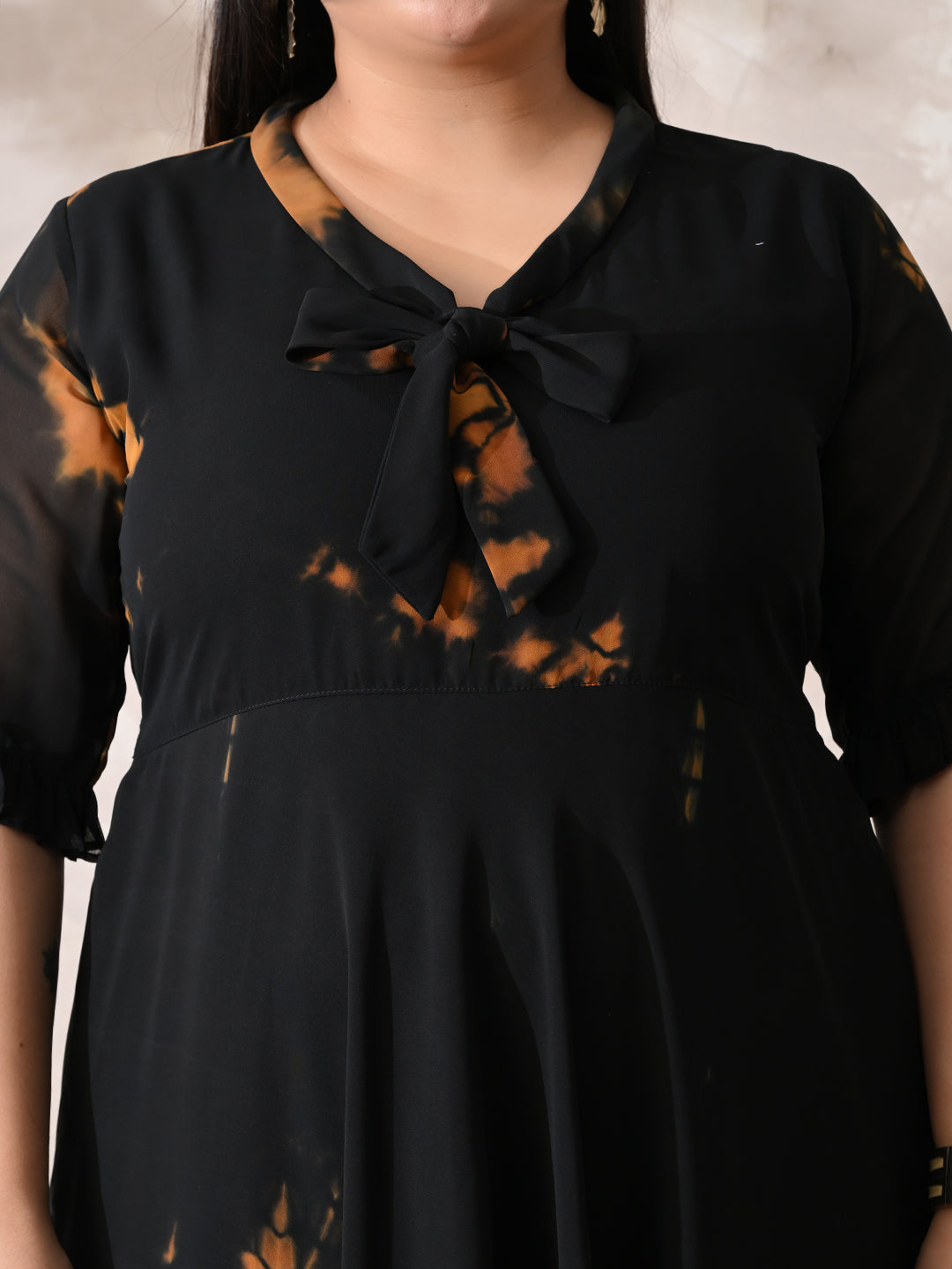 Statement Black Tie-Dye Georgette Dress with Romantic Ruffle Hem