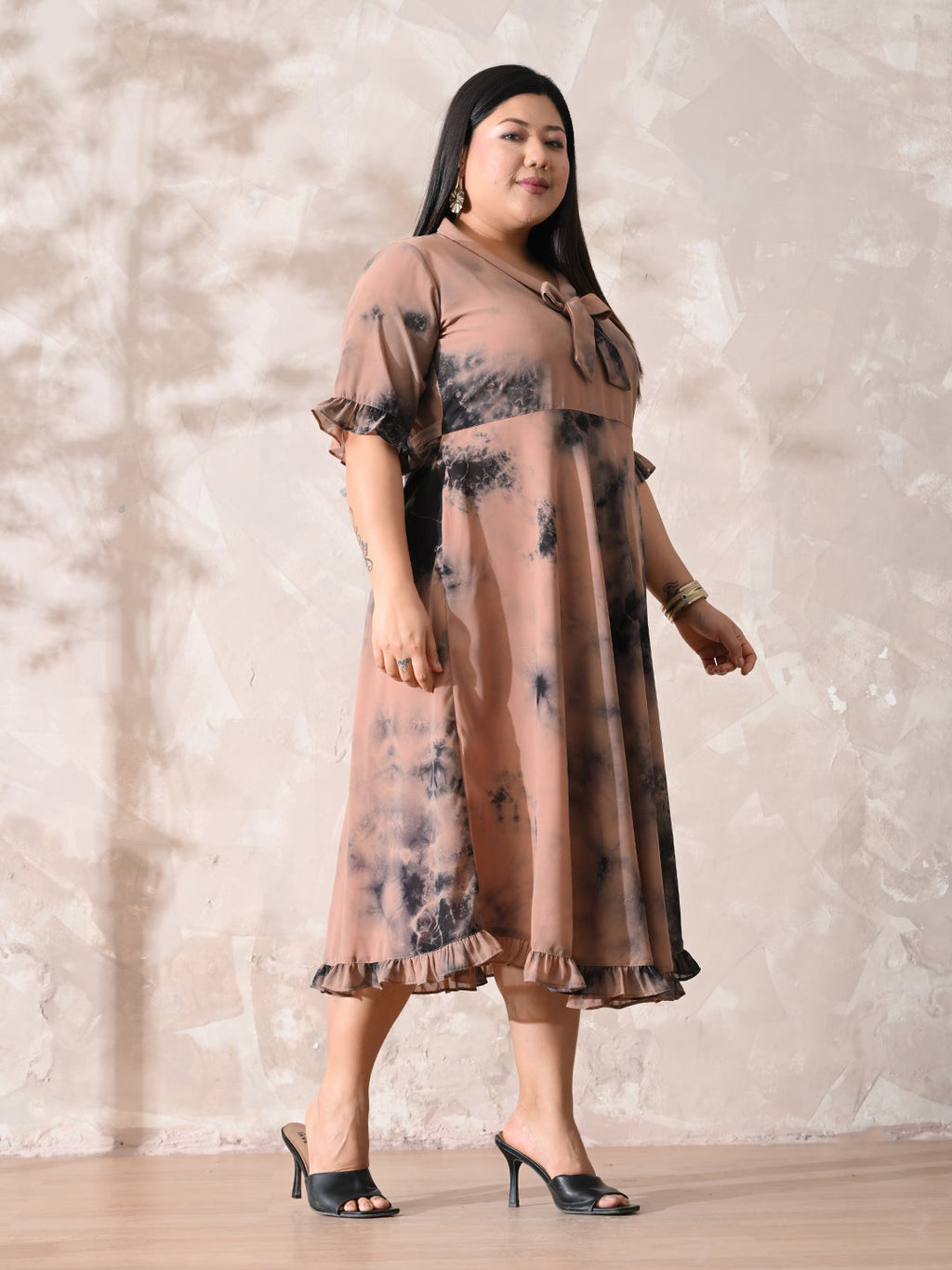 Statement Nude Tie-Dye Georgette Dress with Romantic Ruffle Hem