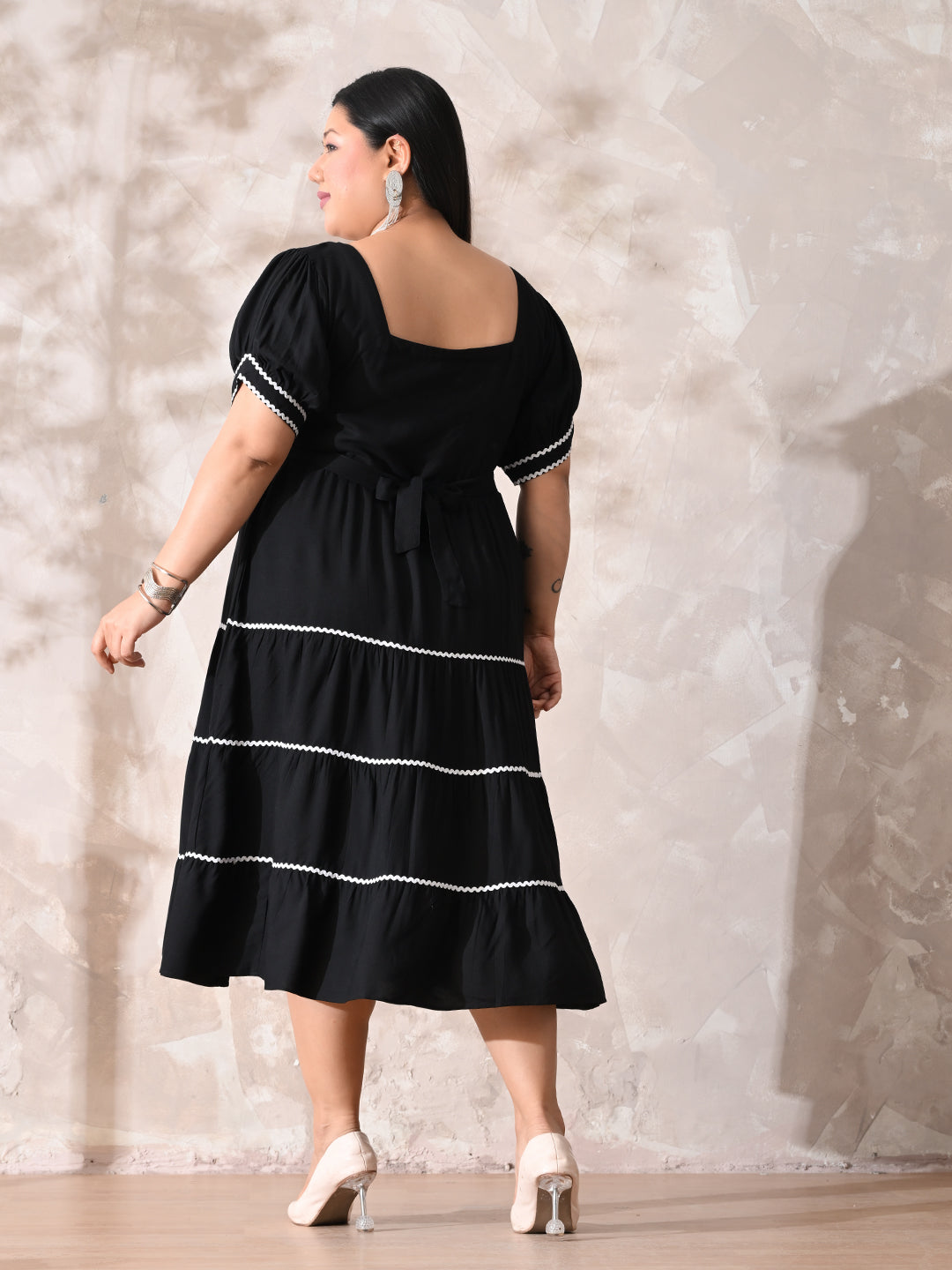 Classic Black Rayon Dress with White Contrast Lace & Flowy Silhouette