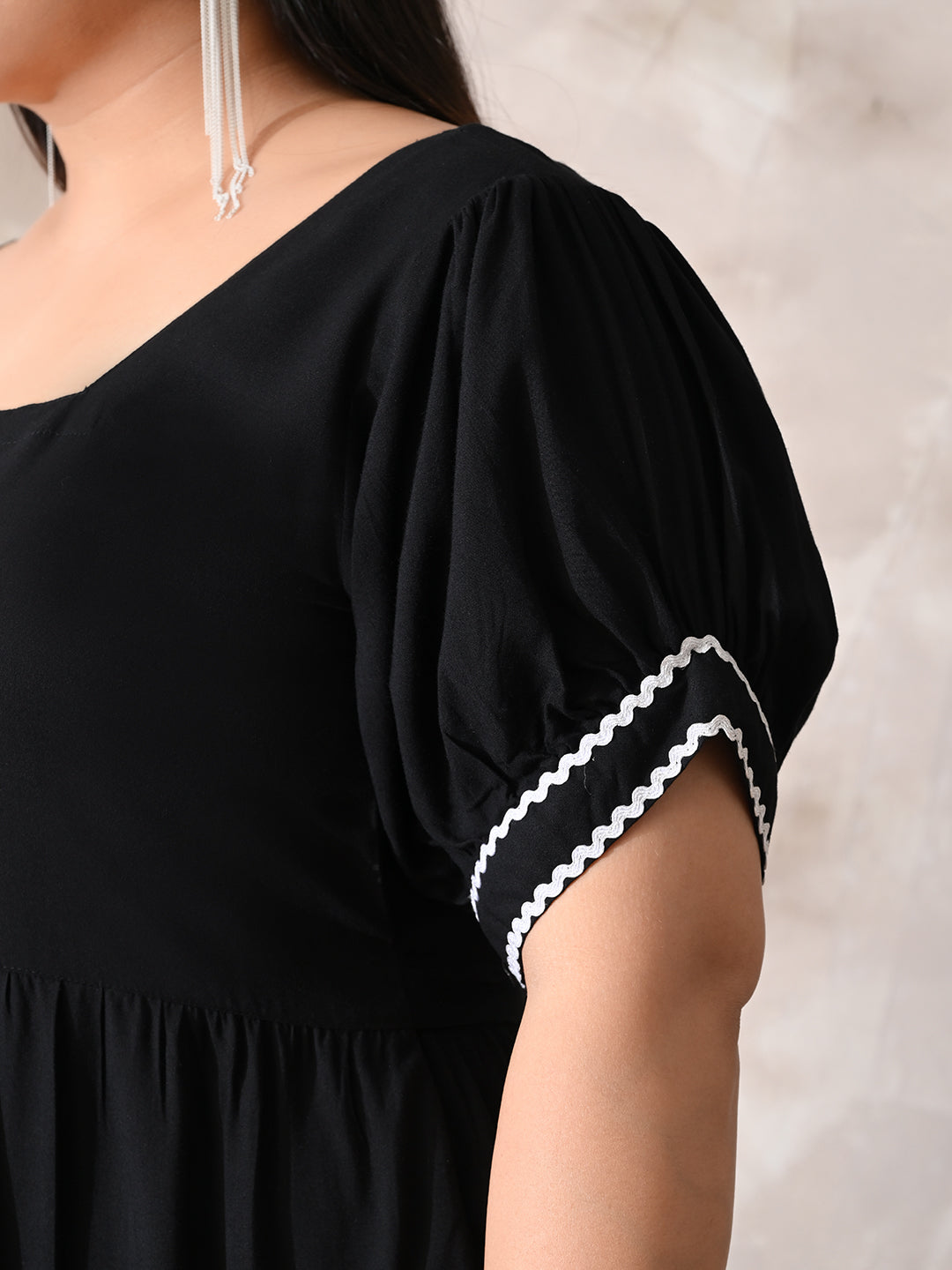 Classic Black Rayon Dress with White Contrast Lace & Flowy Silhouette